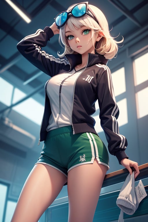 reed (arknights), 1girl, solo,green eyes,track jacket, shorts,large breasts, squirtle on head, best quality, amazing quality, very aesthetic, absurdres