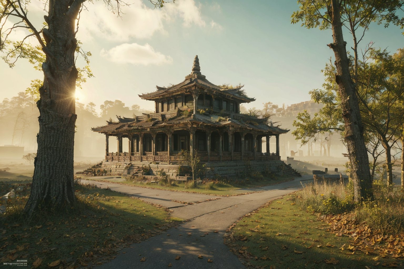 A very dilapidated stone temple (the surrounding undulating terrain: 0.5, the road covered with fallen leaves: 1.2, the grass withered and yellow: 1.3), stone tablet, dark theme, surrealism, masterpiece, best quality, high resolution, subtle details, real shadows, Chinese CG scene, unreal 5 engine, telephoto lens, HDR, old environment, no people and animals, deep forest, fallen leaves distributed around, mist, gray-green scene, autumn, movie scene, movie shot, movie light, volume light, super fine, highly detailed, super fine, lifelike, surrealism, high definition, IMAX, resolution, super resolution, sharp focus, magnificence, best quality, masterpiece, (extremely exquisite and beautiful), a dilapidated temple, facing the audience, front, solo, perspective, wonderful lighting,(8k,RAW photo, best quality, masterpiece: 0.7),(realistic, photo fidelity: 1.2), super fine, 8k wallpaper, breeze blowing, ABG, epic scene