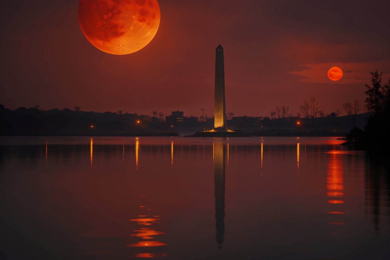 Lake reflection, obelisk, huge red moon, pedestrian's back,HD