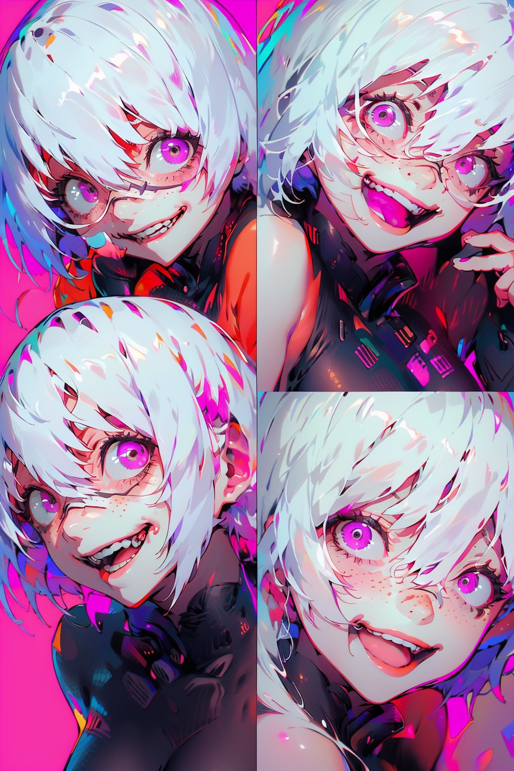  HUBG_STYLE_GRIN, 
6+girls, blush, dark skin,
dual persona, flame, freckles, looking at viewer,
pink background, purple background, 

simple background, tongue out, veins, white hair