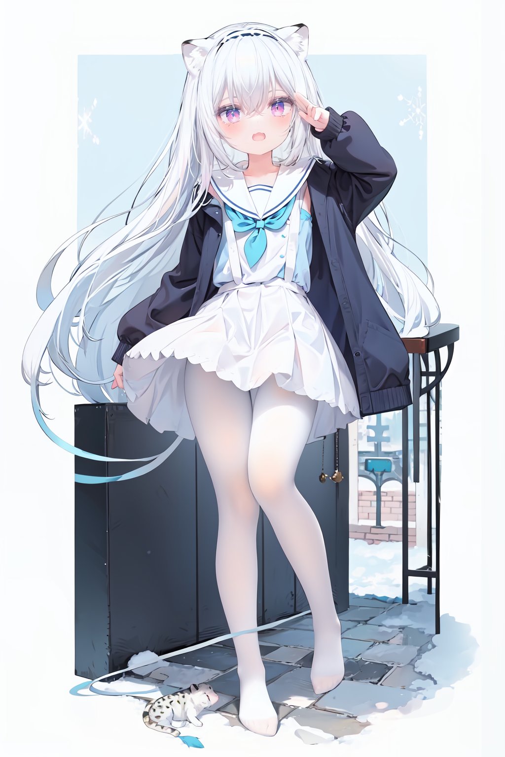  cute,Infant,solo blue shirt,blue sailor coat,loli,full body,white hair,snow leopard ear,white background,pink eyes,laugh,happy,white pantihose,white pantyhose,red armband,