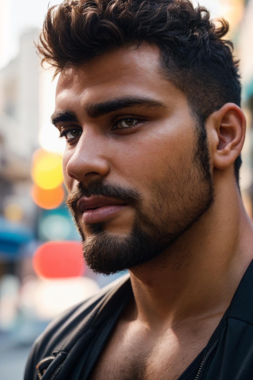 (solo, male), street photograph of, a 25yo brazilian male, (close-up portrait), skin texture, thick lips, unkempt, beard, natural light, bokeh, neon, (side view:0.6),