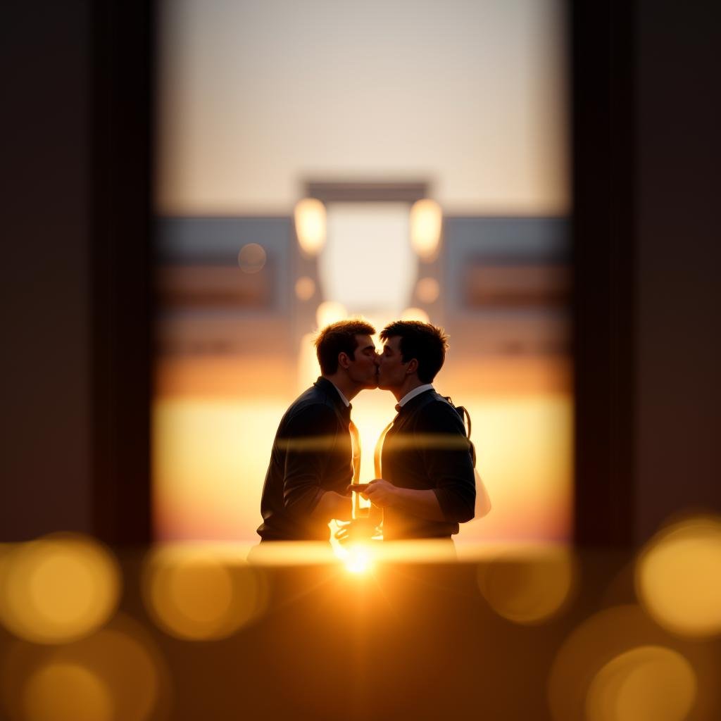 hasselblad photograph of, two males kissing, golden hour, (close-up:0.4),