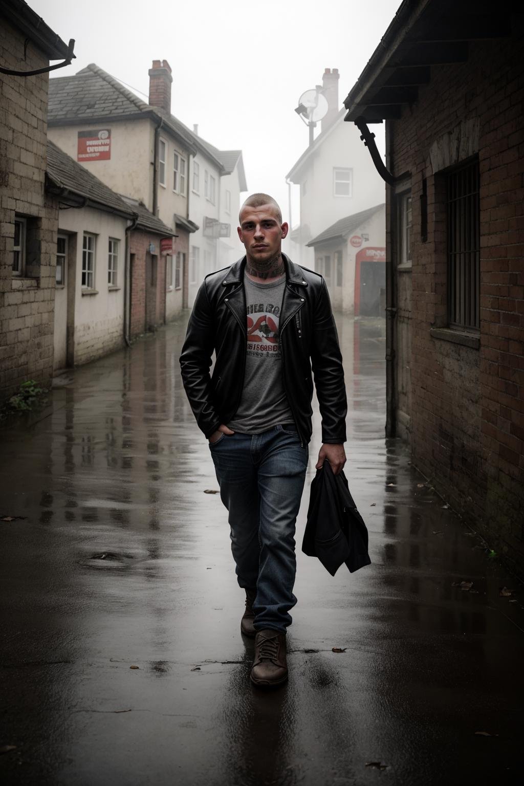 hasselblad photograph of, a 25yo english skinhead, sharp focus, dreary surroundings, fog, social realism, run-down village street,