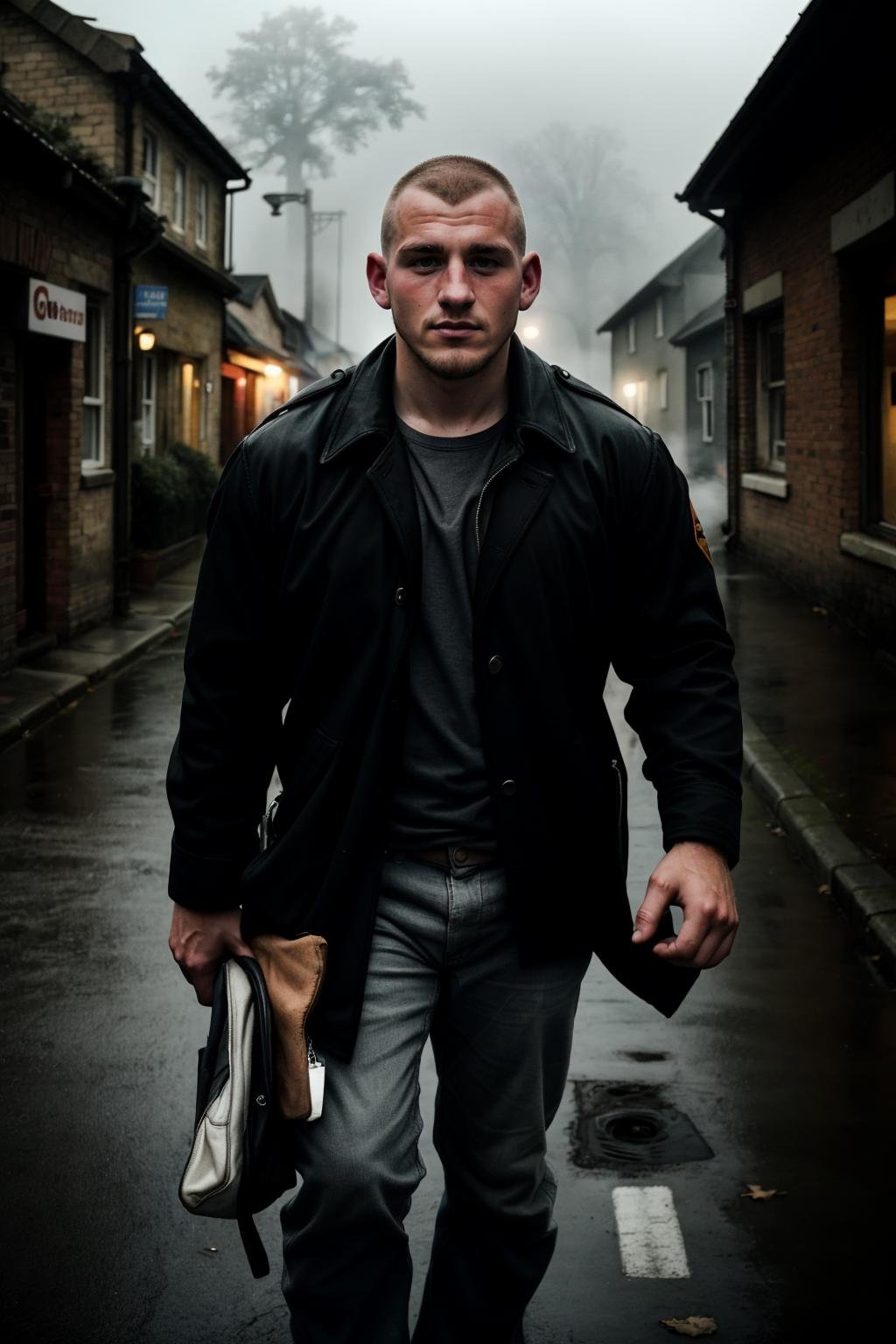 hasselblad photograph of, a 25yo english skinhead, sharp focus, dreary surroundings, fog, social realism, run-down village street, (close-up:0.7),