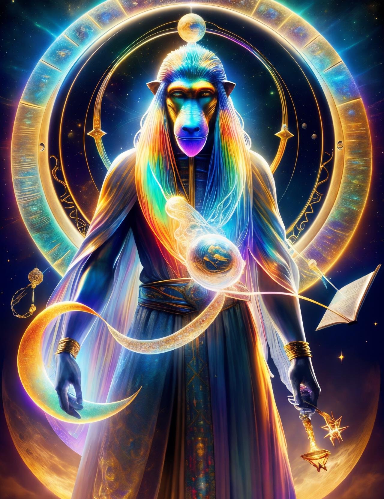 hyper detailed masterpiece, dynamic, awesome quality,DonMSp3ctr4l,vibrant spectral,thoth, god of writing, knowledge, magic, depicted as a man with the head of an baboon, keeper of divine knowledge, associated with the moon and reckoning of time, revered as a wise counselor and magician, guardian of sacred texts  <lora:DonMSp3ctr4l-000008:0.8>