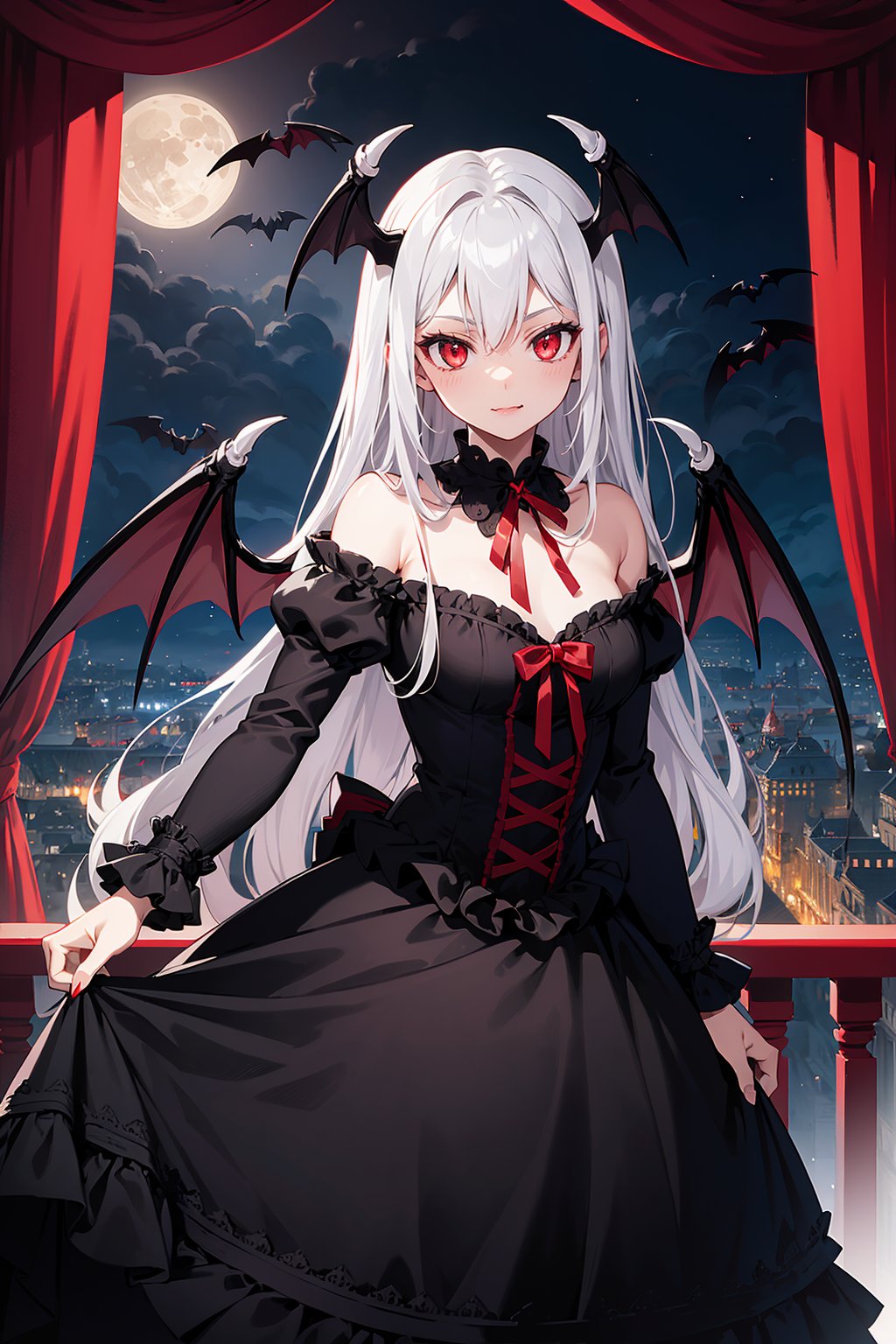 (vampire wings:1.1), head wings, 1 vampire girl, ruby eyes, silver hair, long hair, (smug:0.8), (fang:0.8), ballgown, frilled collar, red ribbon, fantastic silver moon, balcony, jet black castle, sharp focus, cowboy shot, (intricate:1.1), (black theme:0.9), (black tone:0.9), (red tone:1.2), illustration,