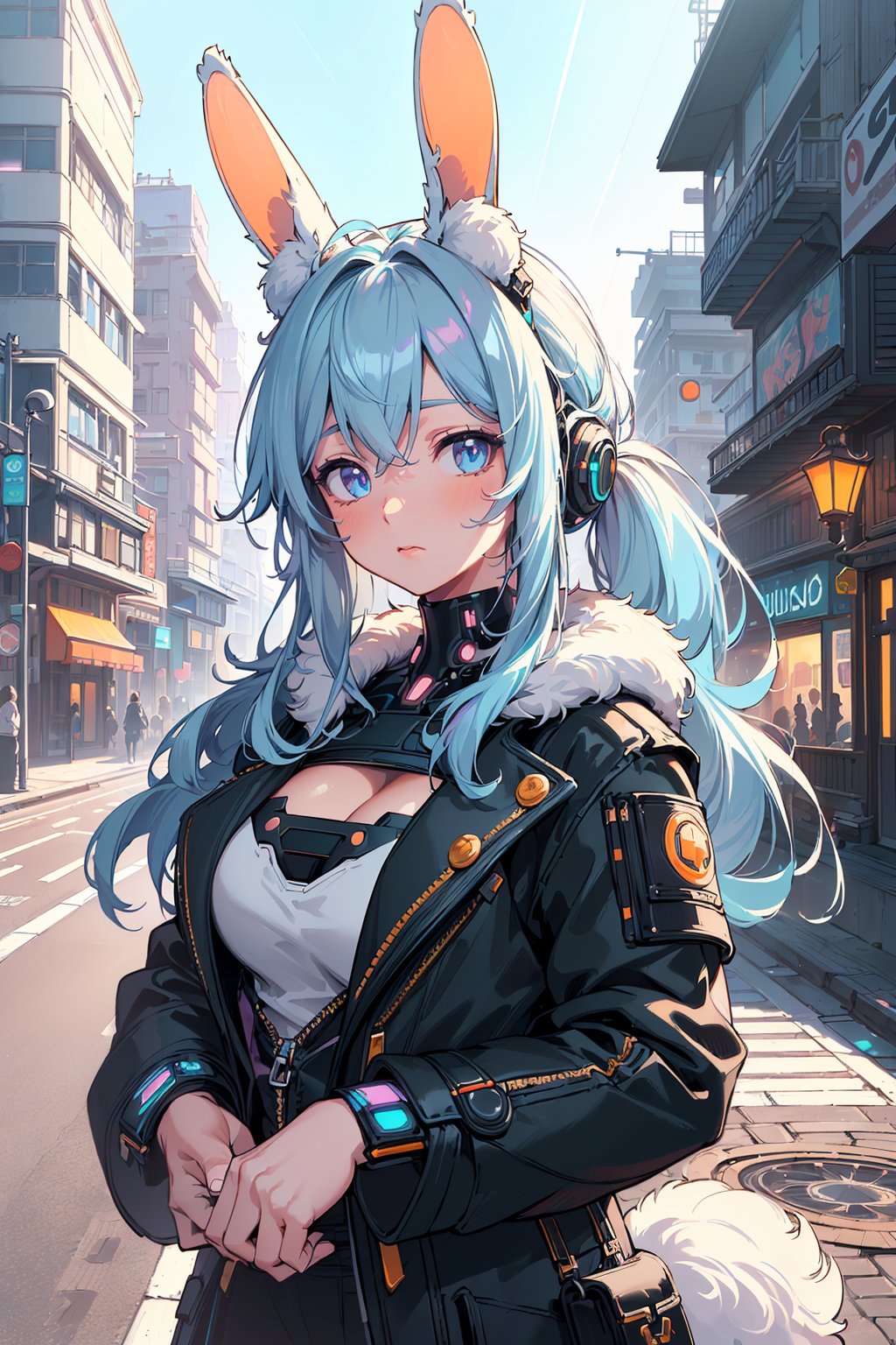 masterpiece, best quality (colorful), (delicate eyes and face), volumetric light, ray tracing, extremely detailed ((pastel tone)), CG unity 8k wallpaper, masterpiece, best quality, anime, highly detailed (perfect face, highly detailed face), 1 girl, ( ((in the middle of a street))), buildings next to it, dark: 0.8, (((in front there will be a beautiful city seen from afar, beautiful details))), (psychedelic art: 1.5), ((looking at the horizon)), upside down, ((mix of colors with graffiti)):1.5, (upper body), ((cyberpunk style:1)), bchiron, wrench_elven_arch, bondage outfit, bunnytech, fluffy, scifi, ponytail hair, bunny ears, fur, ((cowboy shot))