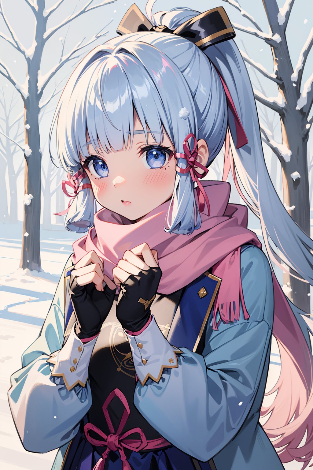 (masterpiece), best quality, ultra-detailed, illustration, (kawaii style:1.4), pastel colors, kawaii, cute colors, pastel colors, 1girl, kamisato ayaka, blunt bangs, hair bow, hair ribbon, red ribbon, light blue hair, grey eyes, mole under eye, ponytail, , (winter coat:1.2), (long coat), alternate costume, mittens, (scarf:1.2), cold winter, clothes, (outdoors), depth of field, upper body, (blush:1.3), red face, sleepy eyes, falling snow, wind, (cold), snowy park, snowy street,pastel colors,breakdomain,masterpiece,KAMISATOAYAKADEF