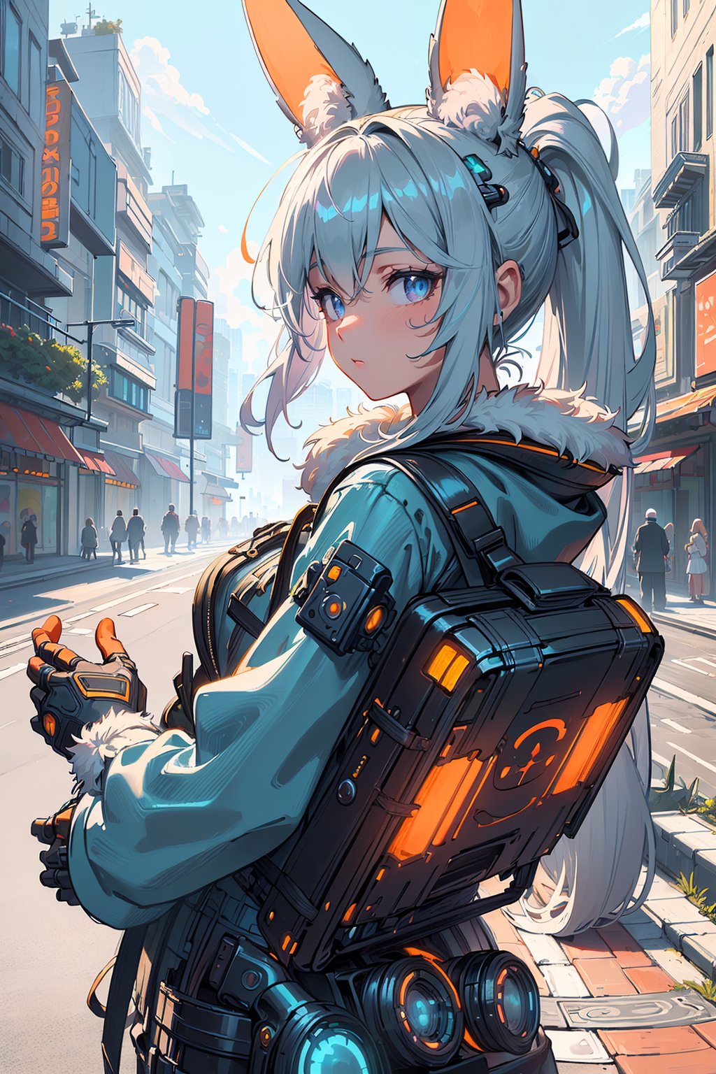 masterpiece, best quality (colorful), (delicate eyes and face), volumetric light, ray tracing, extremely detailed ((pastel tone)), CG unity 8k wallpaper, masterpiece, best quality, anime, highly detailed (perfect face, highly detailed face), 1 girl, ( ((in the middle of a street))), buildings next to it, dark: 0.8, (((in front there will be a beautiful city seen from afar, beautiful details))), (psychedelic art: 1.5), ((looking at the horizon)), upside down, ((mix of colors with graffiti)):1.5, (upper body), ((cyberpunk style:1)), bchiron, wrench_elven_arch, bondage outfit, bunnytech, fluffy, scifi, ponytail hair, bunny ears, fur, looking at viewer, ((cowboy shot))