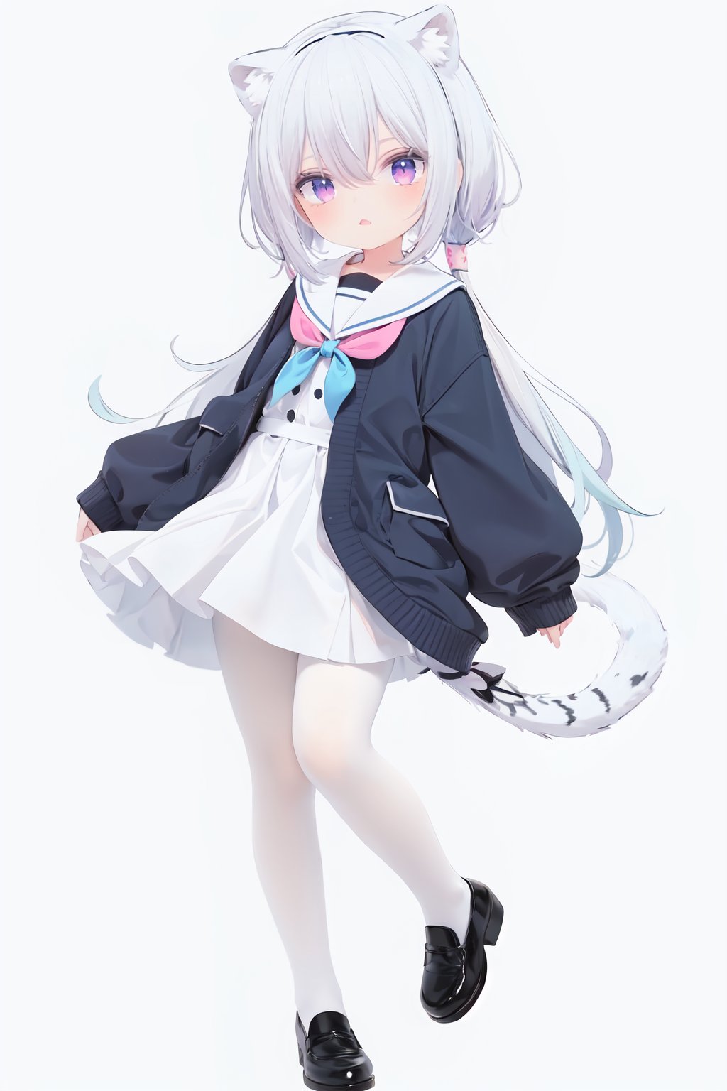  cute,solo blue shirt,blue sailor coat,loli,full body,white hair,snow leopard ear,white background,pink eyes,laugh,happy,white pantihose,white pantyhose,red armband,