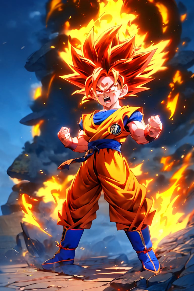  (best quality, masterpiece),solo, male focus, red eyes, super saiyan, 1boy, red hair, son goku, boots, aura, open mouth, full body, clenched hands, blue footwear,angry