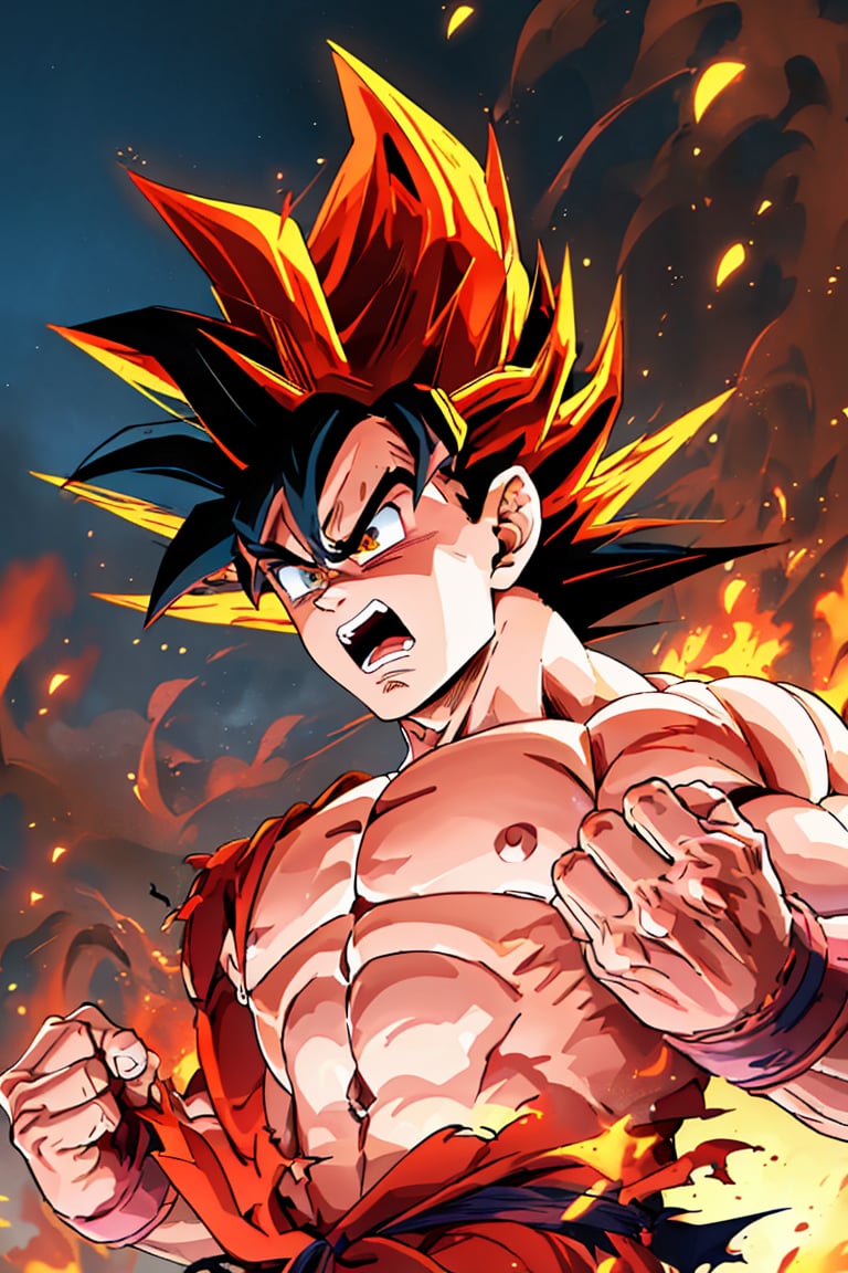 (best quality,  masterpiece), 1boy,  male focus,  solo,  muscular,  abs,  open mouth,  son goku,  pectorals,  muscular male,  torn clothes,  spiked hair,  topless male,  black hair,  clenched hands,  upper body, red halo, angry,  fazhen,<lora:EMS-2496-EMS:0.800000>,<lora:EMS-244110-EMS:0.800000>,<lora:EMS-68495-EMS:0.800000>