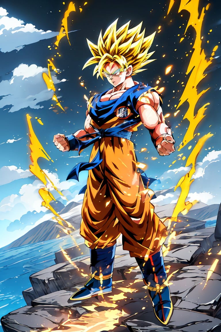  (best quality, masterpiece),male focus, 1boy, solo, blonde hair, super saiyan, aura, super saiyan 1, muscular, spiked hair, son goku, energy ball,Flying over the city