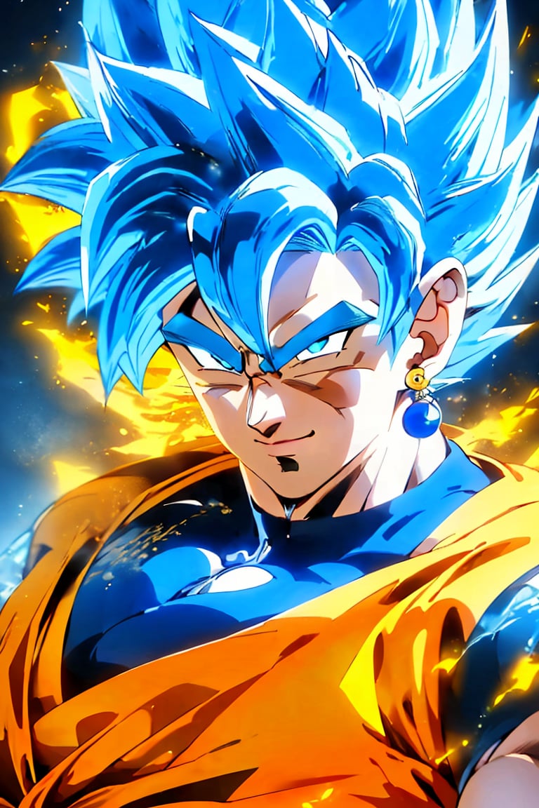  (best quality, masterpiece),1boy, jewelry earrings, super saiyan, solo, male focus, blue hair, smile, blue eyes, spiked hair, looking at viewer,