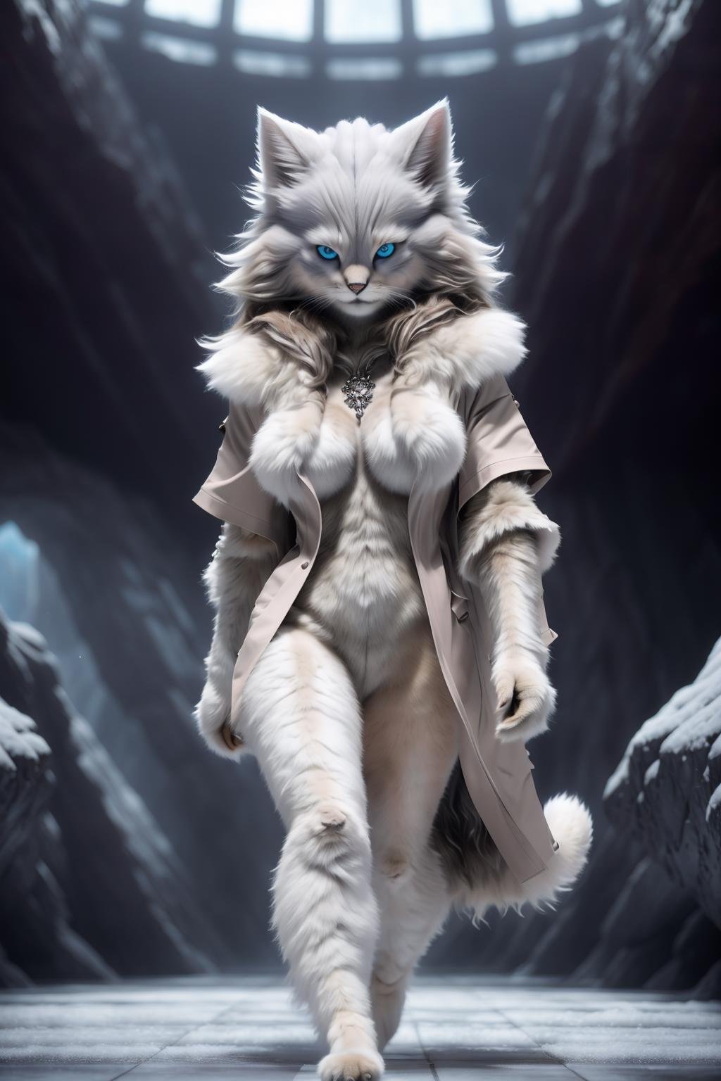 <lora:HumanizedCat_v3-000025:1> masterpiece of photorealism, photorealistic highly detailed 8k photography, best cinematic quality, volumetric lighting and shadows, long hair female hmnzct, casual clothes, large sagging breasts, breasts covered by fur, all body covered by long fur, dynamic pose, Glacial Icebergs, Dynamic Striding Perspective, Mid-Step