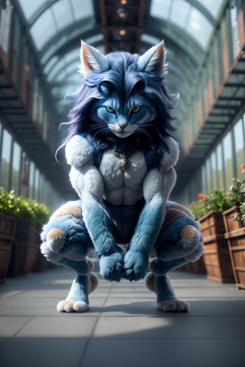 <lora:HumanizedCat_v3-000025:1> masterpiece of photorealism, photorealistic highly detailed 8k photography, best cinematic quality, volumetric lighting and shadows, long hair  Primary Blue hmnzct man, muscular body, casual clothes, cap, earrings, all body covered by long fur, Side Split: Legs in a split position for a dynamic and athletic shot., Symmetrical Greenhouses full of busy people, 360-Degree Panoramic View