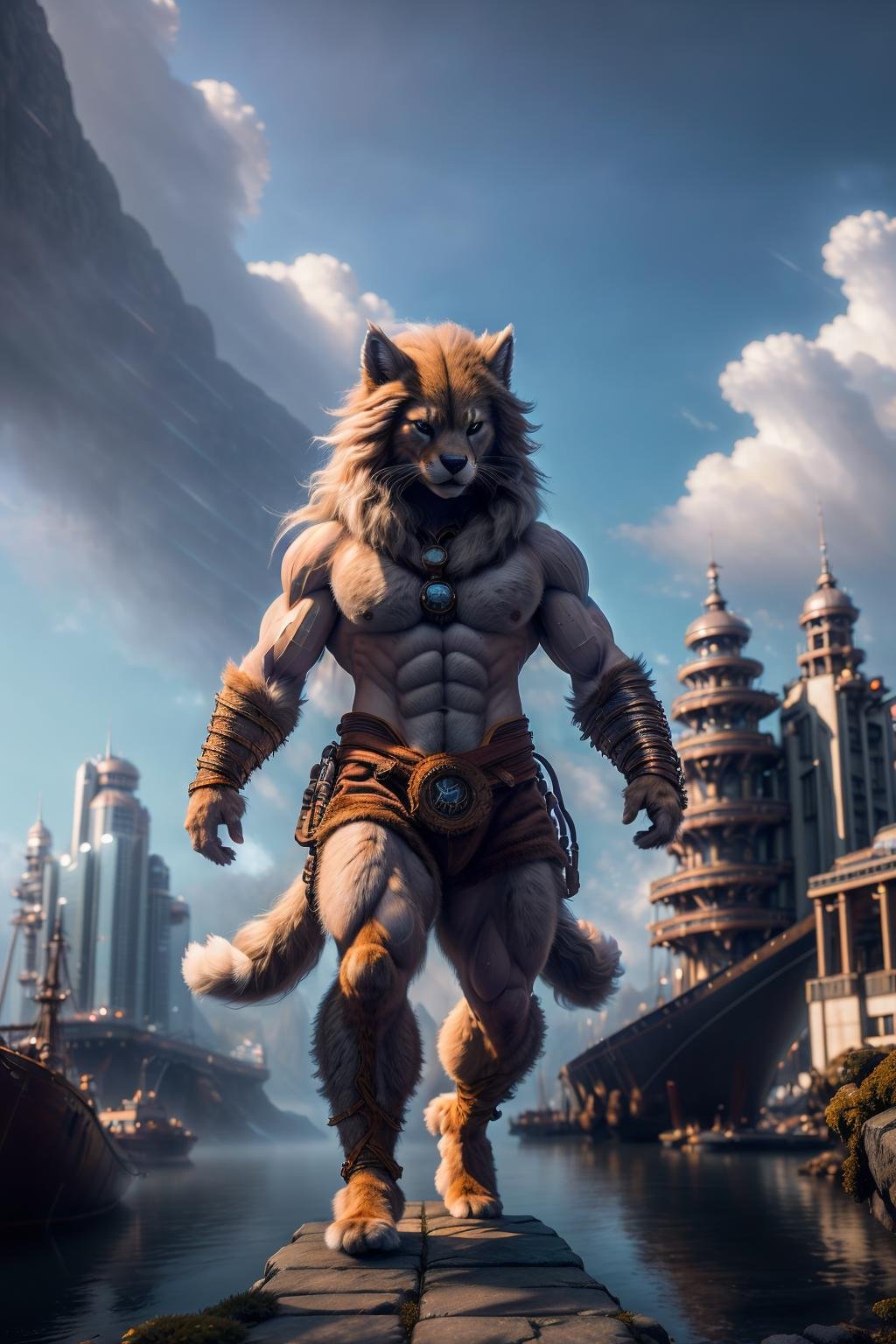 <lora:HumanizedCat_v3-000025:1> masterpiece of photorealism, photorealistic highly detailed 8k photography, best cinematic quality, volumetric lighting and shadows, long hair male hmnzct, casual clothes, muscular body, all body covered by long fur, dynamic pose, Foggy Harbors, Cinematic Tilt-Up from Ground to Sky