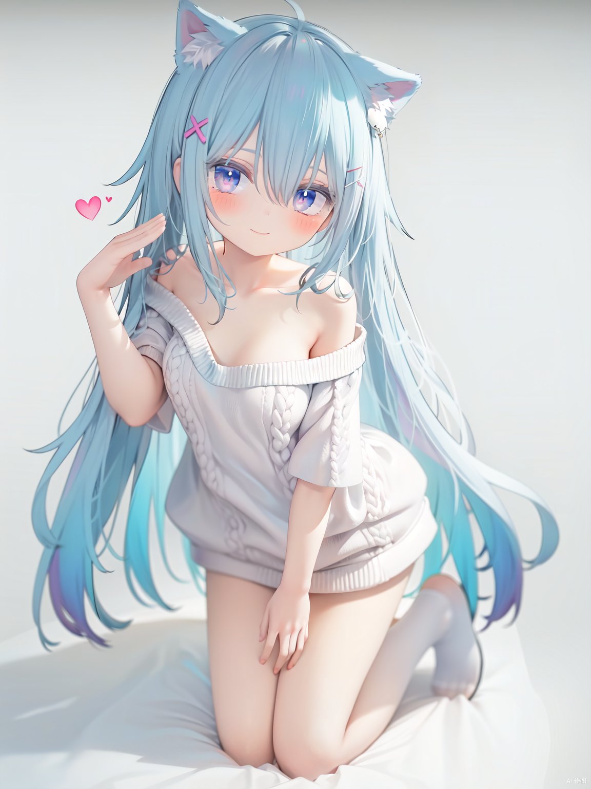  petite, loli, solo, animal ears, heart, puffy short sleeves, blue hair, long hair, off shoulder, bangs, hair ornament, gradient background,rainbow gradient, x hair ornament, animal ear fluff, looking at viewer, very long hair, blush, smile, cat ears, bare shoulders, collarbone, hand up, gradient sweater, hair between eyes, symbol-shaped pupils, arm up, heart-shaped pupils, hairclip, medium breasts, salute, bare legs,full body