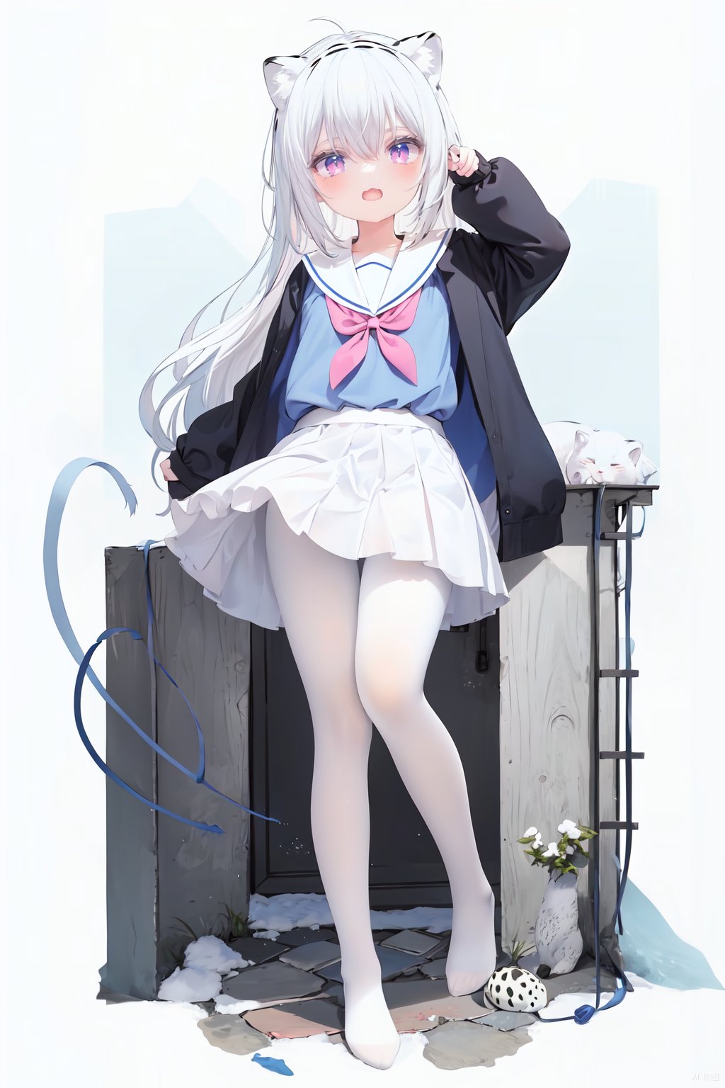  cute,Infant,solo blue shirt,blue sailor coat,loli,full body,white hair,snow leopard ear,white background,pink eyes,laugh,happy,white pantihose,white pantyhose,red armband,