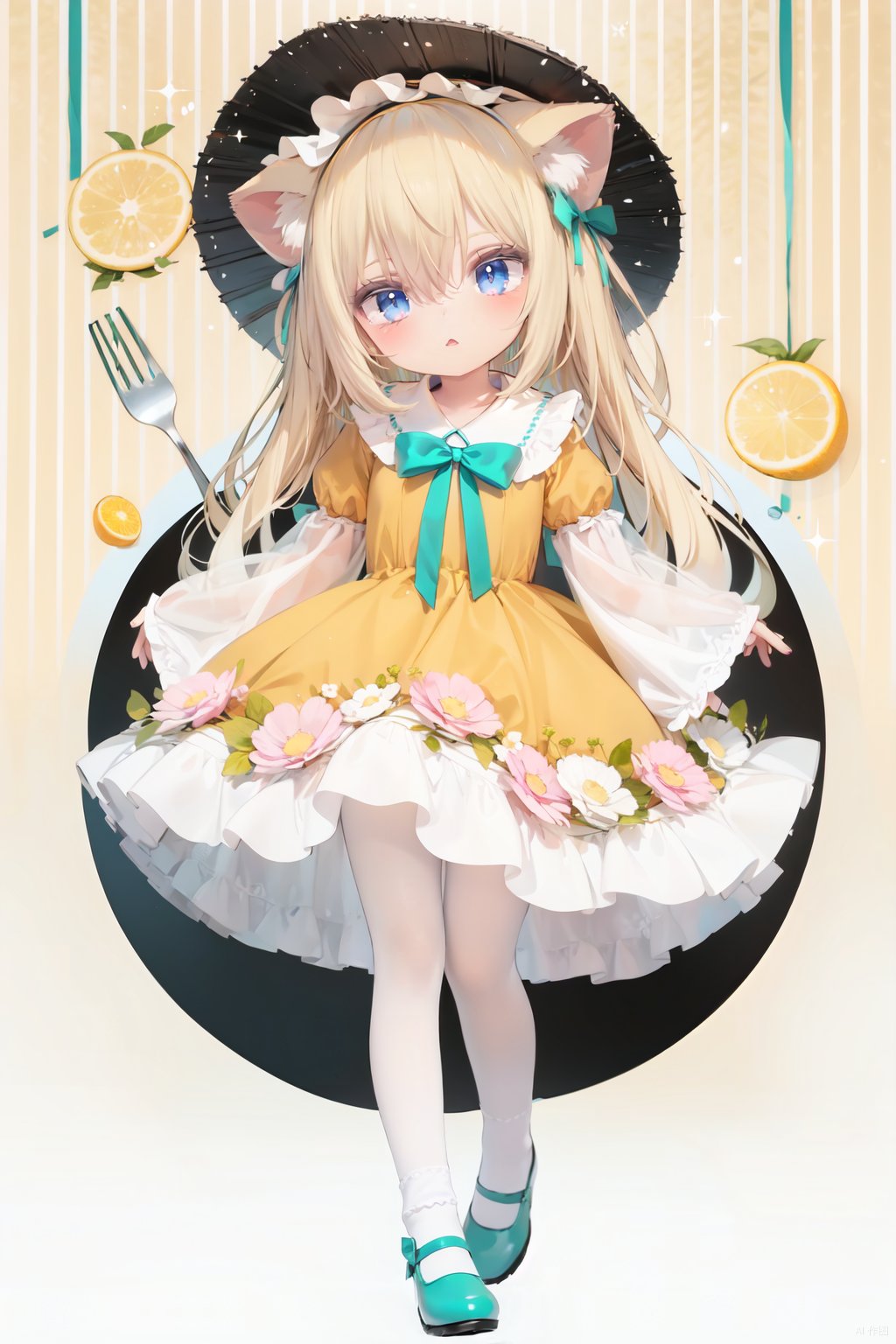  (cinematic lighting), dreamy atmosphere, Ray tracing, (((solo))), (loli:1.5), (child:1.5), (petite:1.5), green eyes, (animal ears), dress, solo, food, blonde hair, open mouth, long hair, pancake, flower, holding, bow, smile, fork, bird, socks, looking at viewer, shoes, striped background, holding fork, bonnet, striped, frills, long sleeves, :d, yellow dress, bangs, eyebrows visible through hair, blush, green nails, hair bow, nail polish, diagonal stripes, chick, sparkle, frilled dress, orange bow, fruit, full body, :3, hair between eyes, green bow, puffy sleeves, heart, lemon, orange footwear, animal ear fluff, white bow, cat ears, bobby socks, orange headwear, see-through sleeves, blue background, striped bow, hair ornament, white legwear, mary janes