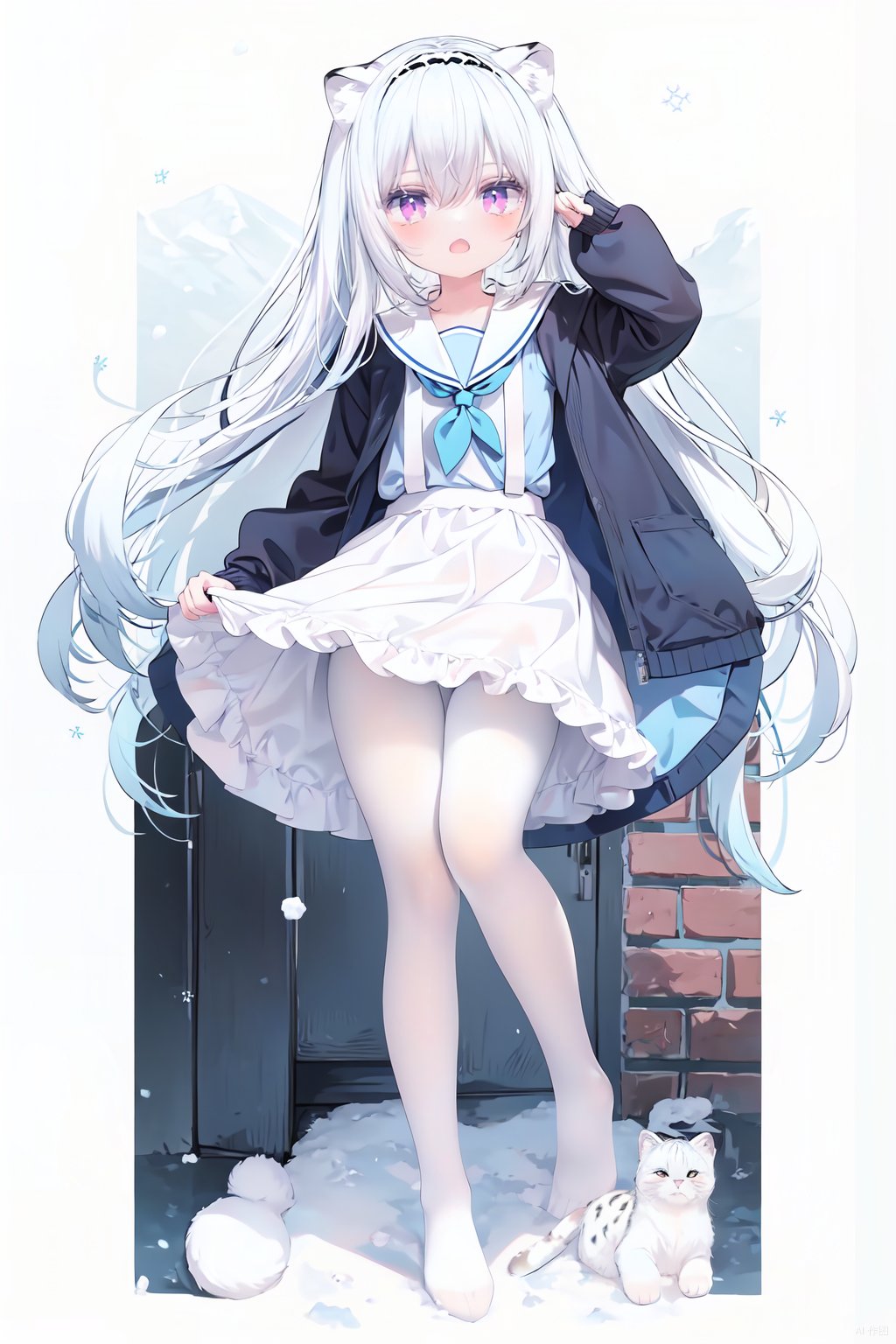  cute,Infant,solo blue shirt,blue sailor coat,loli,full body,white hair,snow leopard ear,white background,pink eyes,laugh,happy,white pantihose,white pantyhose,red armband,