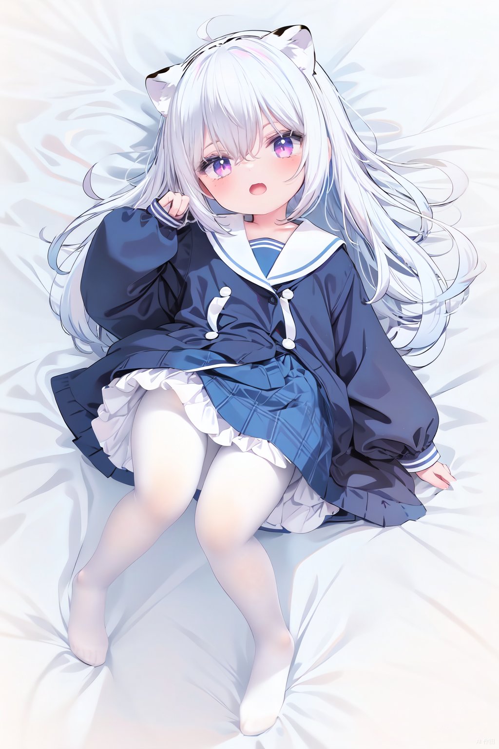  cute,Infant,solo blue shirt,blue sailor coat,loli,full body,white hair,snow leopard ear,white background,pink eyes,laugh,happy,white pantihose,white pantyhose,red armband,