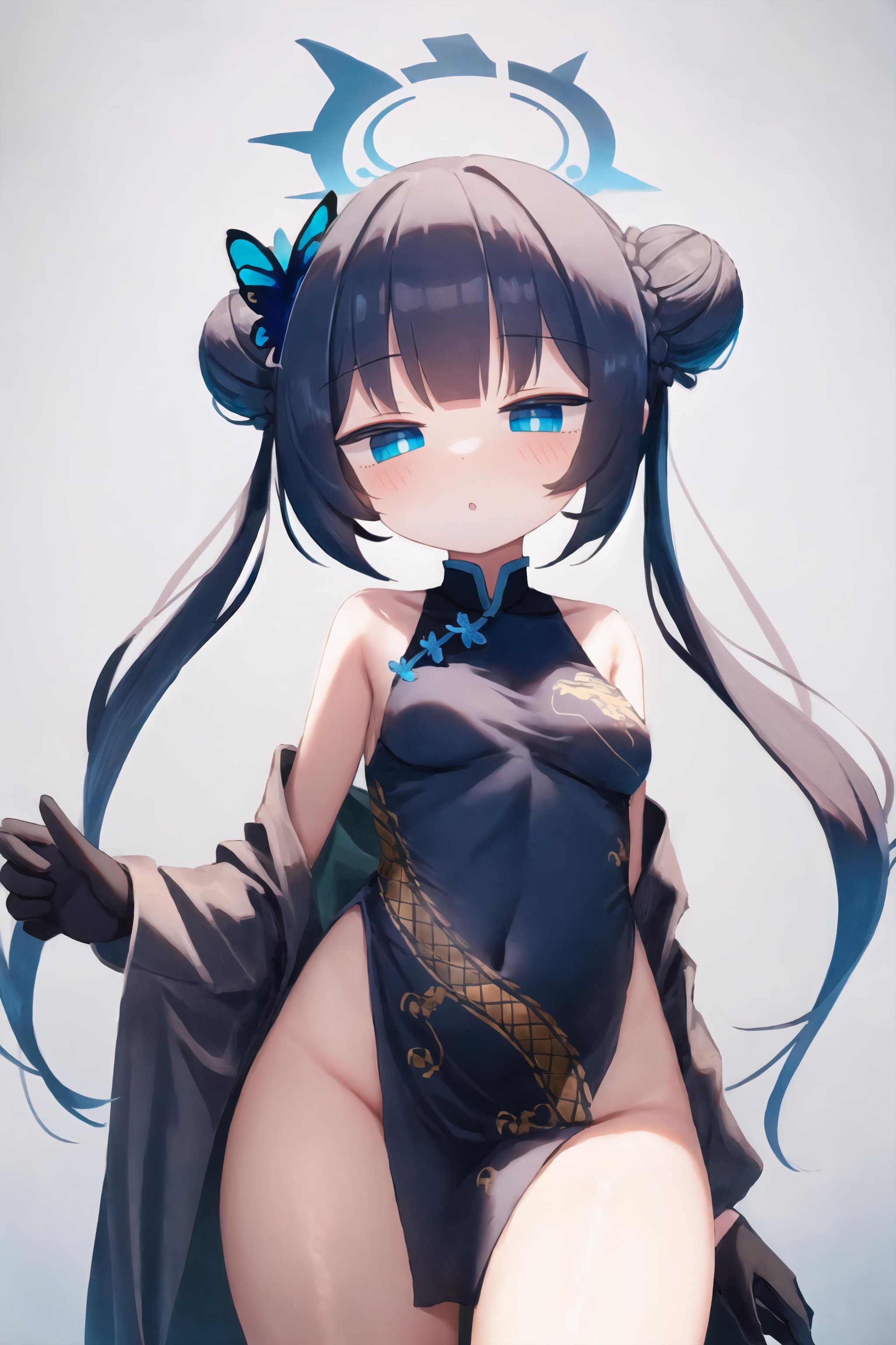 (masterpiece, best quality:1.2)1girl, solo, china dress, chinese clothes, dress, gloves, black hair, hair bun, black gloves, looking at viewer, halo, double bun, long hair, simple background, white background, twintails, sleeveless, bare shoulders, black dress, breasts, blue eyes, parted lips, sleeveless dress, hair ornament, bangs, standing on one leg, small breasts, blush, pelvic curtain, standing, butterfly hair ornament, thighs, groin, open clothes, :o, jitome<lora:kisaki:0.85>  <lora:chii-(tsumami-tsumamare)-1138it-novae:1>