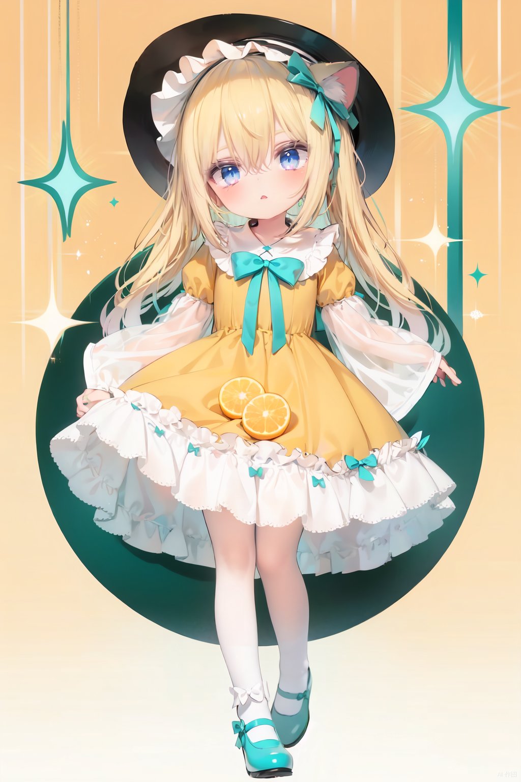  (cinematic lighting), dreamy atmosphere, Ray tracing, (((solo))), (loli:1.5), (child:1.5), (petite:1.5), green eyes, (animal ears), dress, solo, food, blonde hair, open mouth, long hair, pancake, flower, holding, bow, smile, fork, bird, socks, looking at viewer, shoes, striped background, holding fork, bonnet, striped, frills, long sleeves, :d, yellow dress, bangs, eyebrows visible through hair, blush, green nails, hair bow, nail polish, diagonal stripes, chick, sparkle, frilled dress, orange bow, fruit, full body, :3, hair between eyes, green bow, puffy sleeves, heart, lemon, orange footwear, animal ear fluff, white bow, cat ears, bobby socks, orange headwear, see-through sleeves, blue background, striped bow, hair ornament, white legwear, mary janes