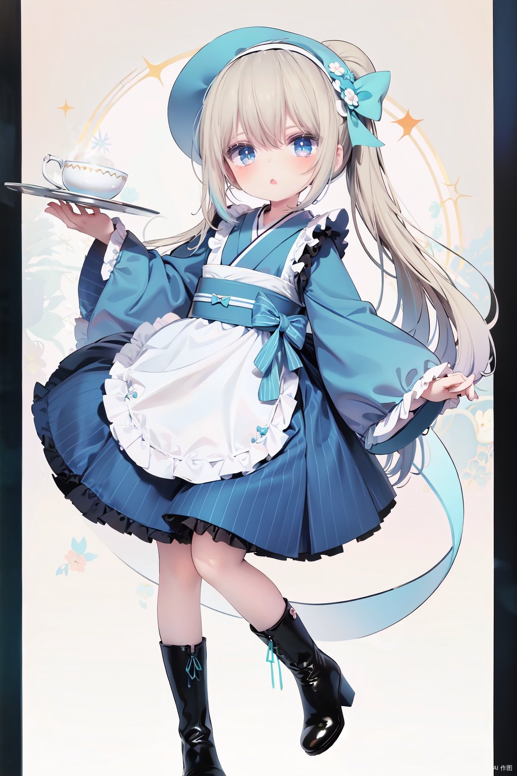  dynamic angle, chromatic aberration, ((colorful)),//,1girl,loli,(petite child:1.05),//,1girl, gloves, bunny, cup, boots, teapot, teacup, apron, solo, new year, watch, japanese clothes, holding, tray, cookie, food, long hair, kimono, looking at viewer, frills, holding tray, happy new year, long sleeves, blue kimono, bangs, white apron, full body, bonnet, blonde hair, sparkle, frilled apron, saucer, blue eyes, sash, animal ears, arm up, waist apron, blush, heart, parted lips, signature, eyebrows visible through hair, plate, checkerboard cookie, white background,obi, high heel boots, hair ornament, hat, open mouth, :o, holding plate, blue dress, aqua kimono, high heels, wa maid, green kimono, bow, fake animal ears, tea, hand up, dress, frilled sleeves, aqua eyes, light brown hair, blue headwear, checkered, belt, striped, tilted headwear, maid apron, hairband,ribbon, cupcake,