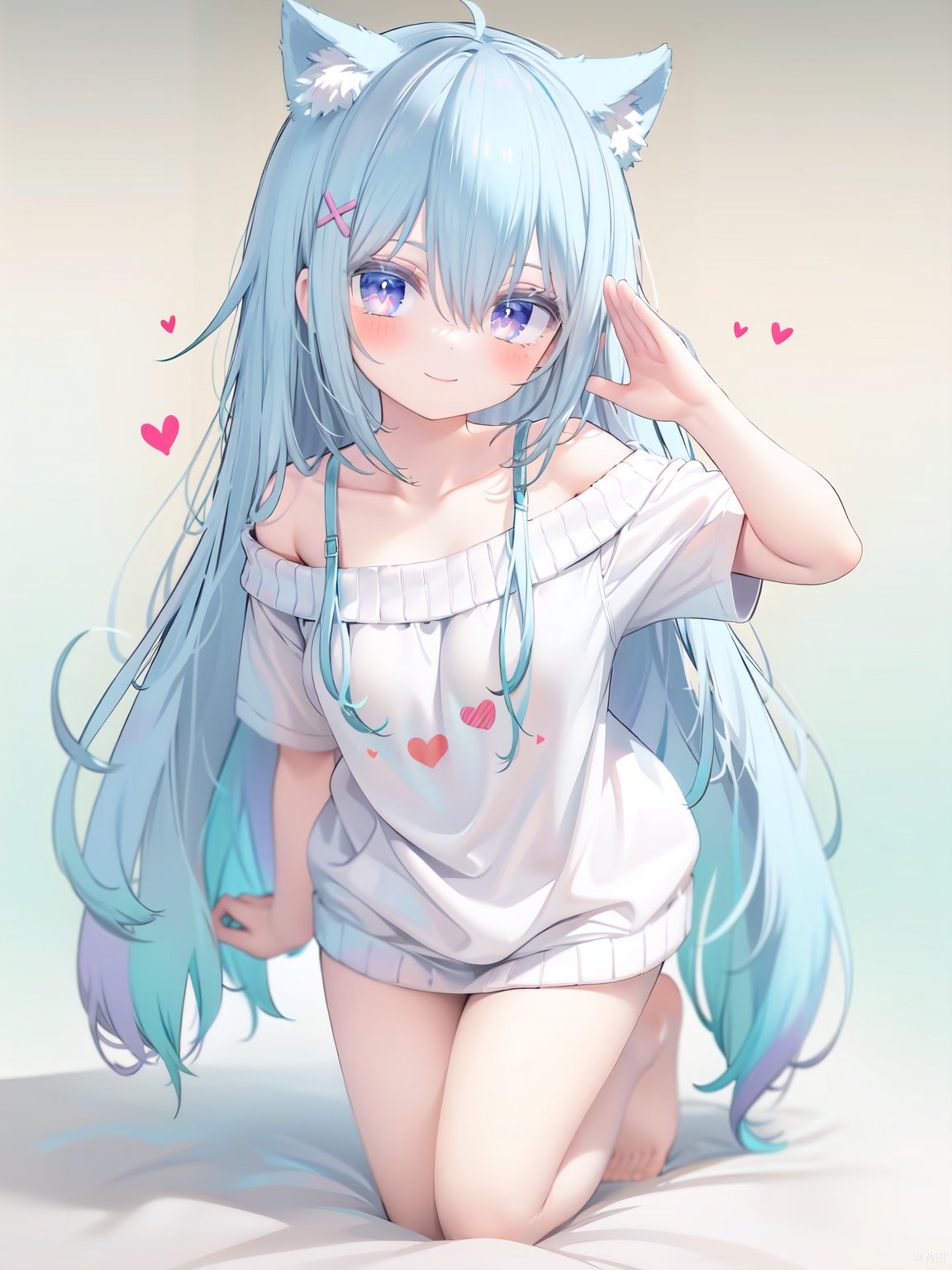  petite, loli, solo, animal ears, heart, puffy short sleeves, blue hair, long hair, off shoulder, bangs, hair ornament, gradient background,rainbow gradient, x hair ornament, animal ear fluff, looking at viewer, very long hair, blush, smile, cat ears, bare shoulders, collarbone, hand up, gradient sweater, hair between eyes, symbol-shaped pupils, arm up, heart-shaped pupils, hairclip, medium breasts, salute, bare legs,full body