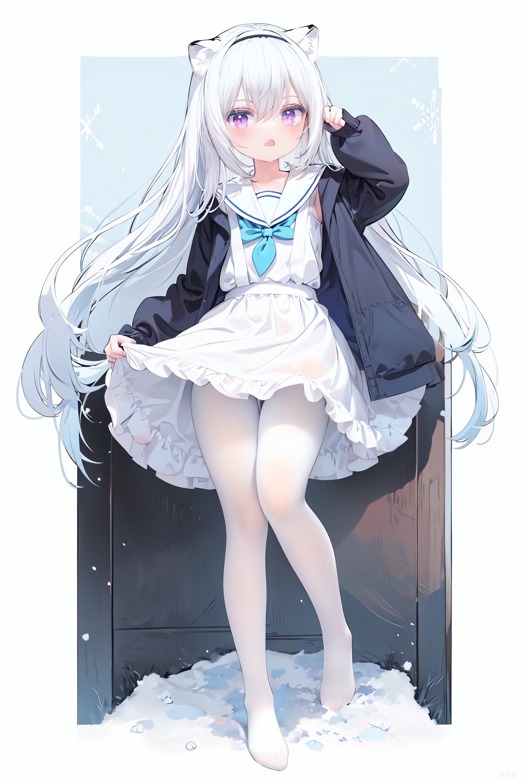  cute,Infant,solo blue shirt,blue sailor coat,loli,full body,white hair,snow leopard ear,white background,pink eyes,laugh,happy,white pantihose,white pantyhose,red armband,