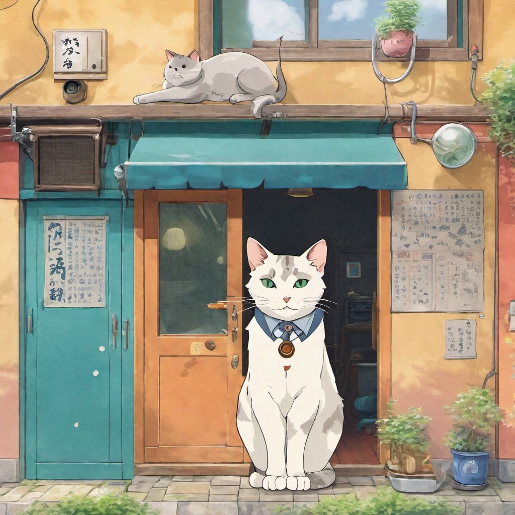 Studio ghibli anime, a cat as detective gadget, anime style, heartwarming scenery, emotional character design, color graded,aw0k cat