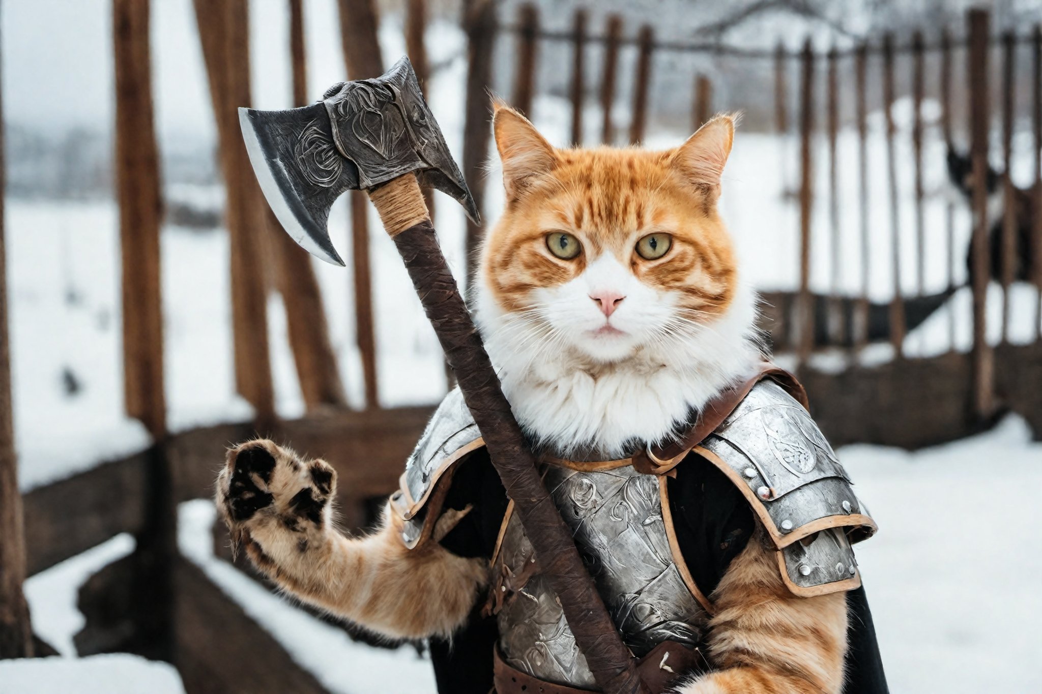 smirk, (designed by Andrey Remnev and Jan Pietersz Saenredam:1.4), renaissance art, Cosplay Photograph, Viking Warrior Cat, wearing Breathtaking warrior outfit, holding an axe, Fast Shutter Speed, Fujifilm Neopan 100, Depth of field 100mm,monster,aw0k cat