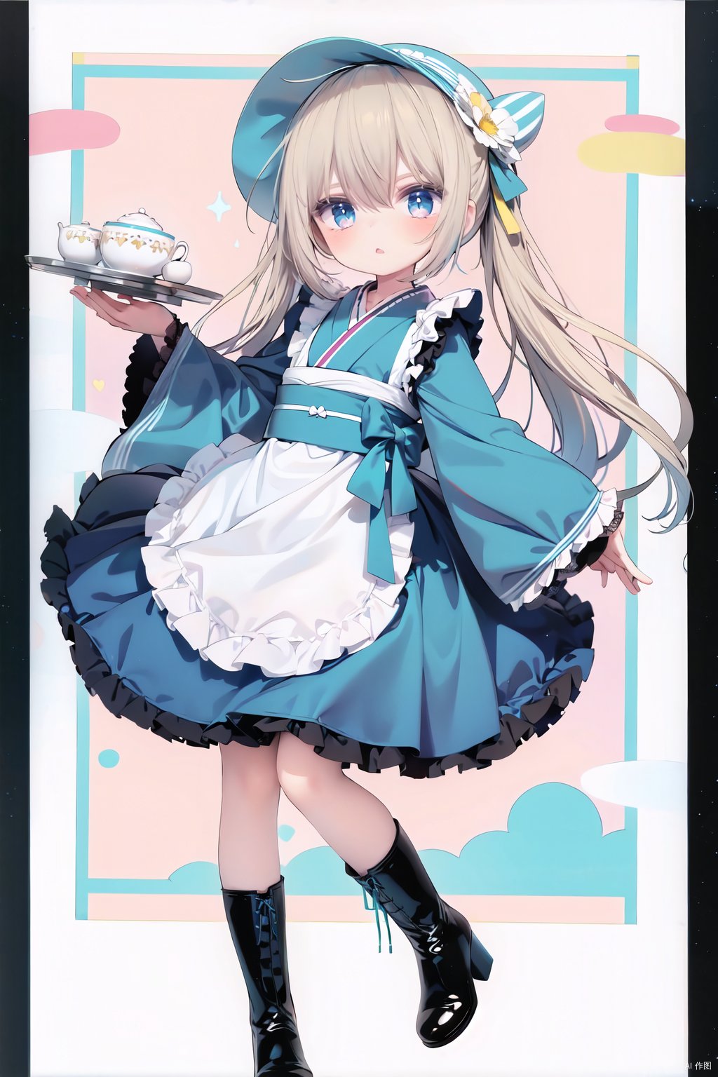  dynamic angle, chromatic aberration, ((colorful)),//,1girl,loli,(petite child:1.05),//,1girl, gloves, bunny, cup, boots, teapot, teacup, apron, solo, new year, watch, japanese clothes, holding, tray, cookie, food, long hair, kimono, looking at viewer, frills, holding tray, happy new year, long sleeves, blue kimono, bangs, white apron, full body, bonnet, blonde hair, sparkle, frilled apron, saucer, blue eyes, sash, animal ears, arm up, waist apron, blush, heart, parted lips, signature, eyebrows visible through hair, plate, checkerboard cookie, white background,obi, high heel boots, hair ornament, hat, open mouth, :o, holding plate, blue dress, aqua kimono, high heels, wa maid, green kimono, bow, fake animal ears, tea, hand up, dress, frilled sleeves, aqua eyes, light brown hair, blue headwear, checkered, belt, striped, tilted headwear, maid apron, hairband,ribbon, cupcake,