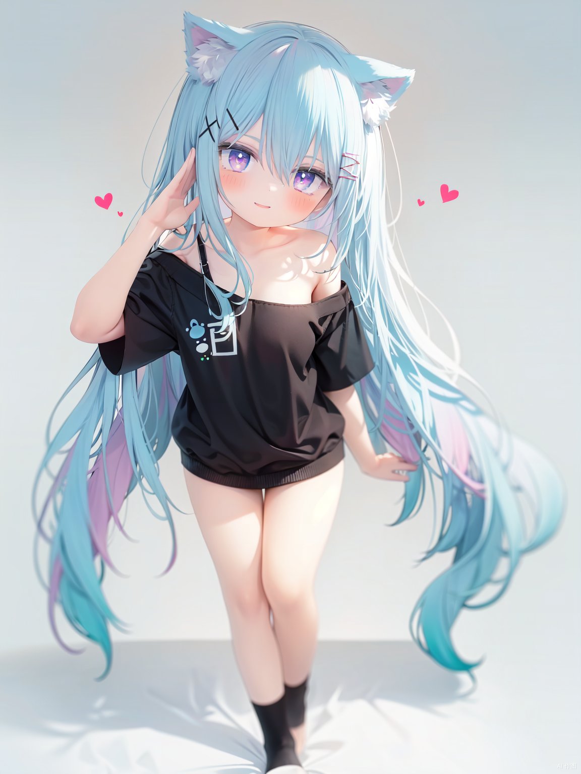  petite, loli, solo, animal ears, heart, puffy short sleeves, blue hair, long hair, off shoulder, bangs, hair ornament, gradient background,rainbow gradient, x hair ornament, animal ear fluff, looking at viewer, very long hair, blush, smile, cat ears, bare shoulders, collarbone, hand up, gradient sweater, hair between eyes, symbol-shaped pupils, arm up, heart-shaped pupils, hairclip, medium breasts, salute, bare legs,full body