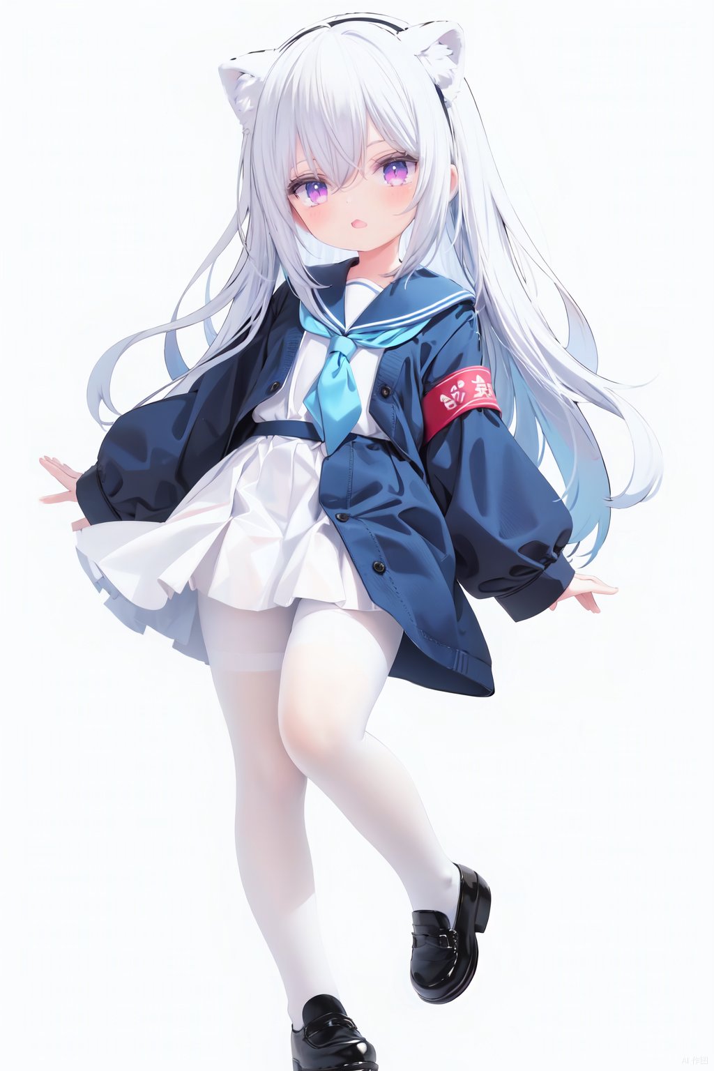  cute,solo blue shirt,blue sailor coat,loli,full body,white hair,snow leopard ear,white background,pink eyes,laugh,happy,white pantihose,white pantyhose,red armband,