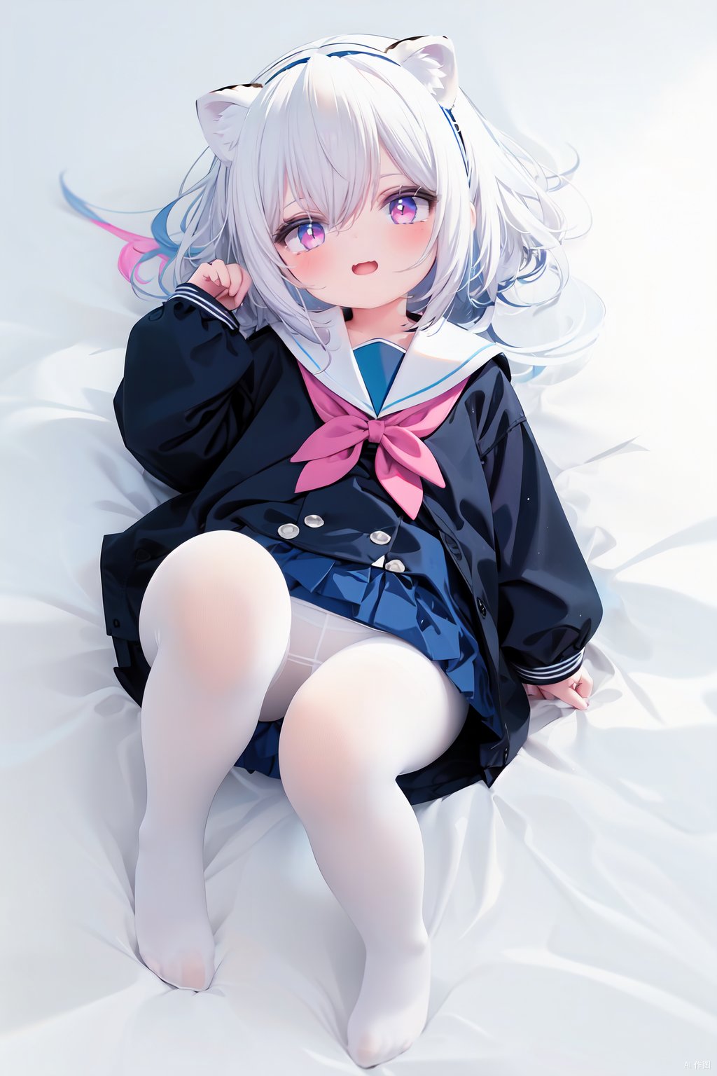  cute,Infant,solo blue shirt,blue sailor coat,loli,full body,white hair,snow leopard ear,white background,pink eyes,laugh,happy,white pantihose,white pantyhose,red armband,