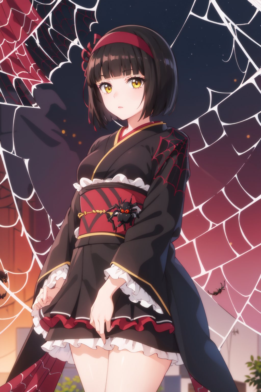 (masterpiece,  best quality),  shiny skin,  lustrous skin,  black hair,  short hair,  black kimono,  pink headdress,  frills,  yellow eyes,  outdoors,  dark,  night,  standing,  expressionless,  (spider web:1.3),  cocoon, SILK,  upper body,  looking at viewer,  focus,<lora:EMS-245234-EMS:0.700000>,<lora:EMS-3539-EMS:0.800000>