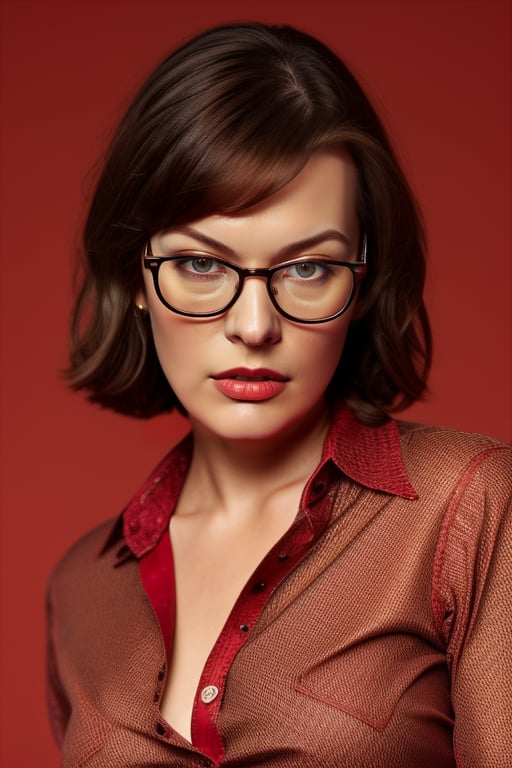 a portrait of a wo_millajov01, skin details, with brown hair, young, upper body shot, intricate details, hyperdetailed, cinematic, high key, hdr, (red business shirt:1.2), glasses,wo_millajov01