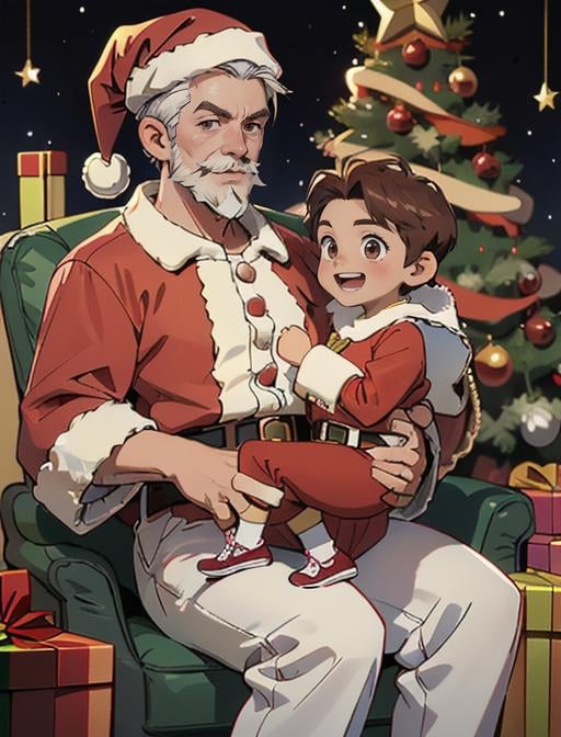 best quality, masterpiece, highres, detailed, digital artwork, <lora:Detail - add_detail:0.2>, 2boys, SantaLap, <lyco:Scene - SantaLap:0.9>, sitting on lap, happy, mall BREAK 1boy, old man, santa, santa claus, white hair, red pants, santa hat, fat, white beard, mustache BREAK male child, JojoHayato, brown hair, forehead, split bangs, brown eyes, medium hair,  <lora:Character - JoJoHayato:0.4>