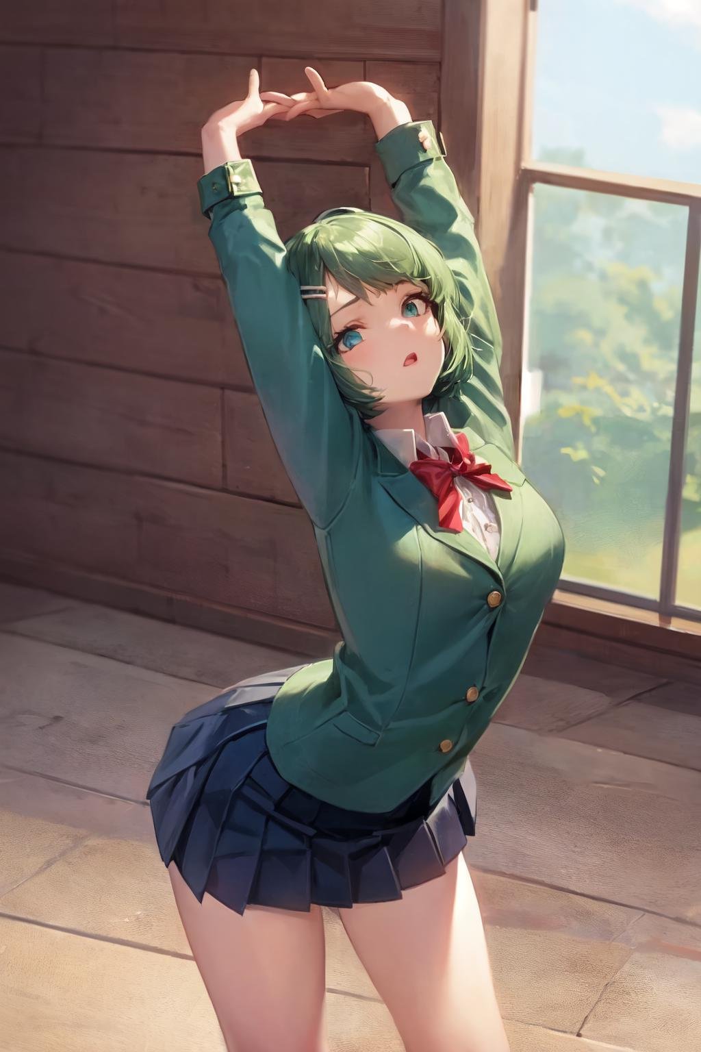 1girl, solo, short hair, green hair, blue eyes, hair clip, school uniform, pleated skirt,cammy stretch \(meme\), stretching, arms up,<lora:cammy_stretch_(meme):1>