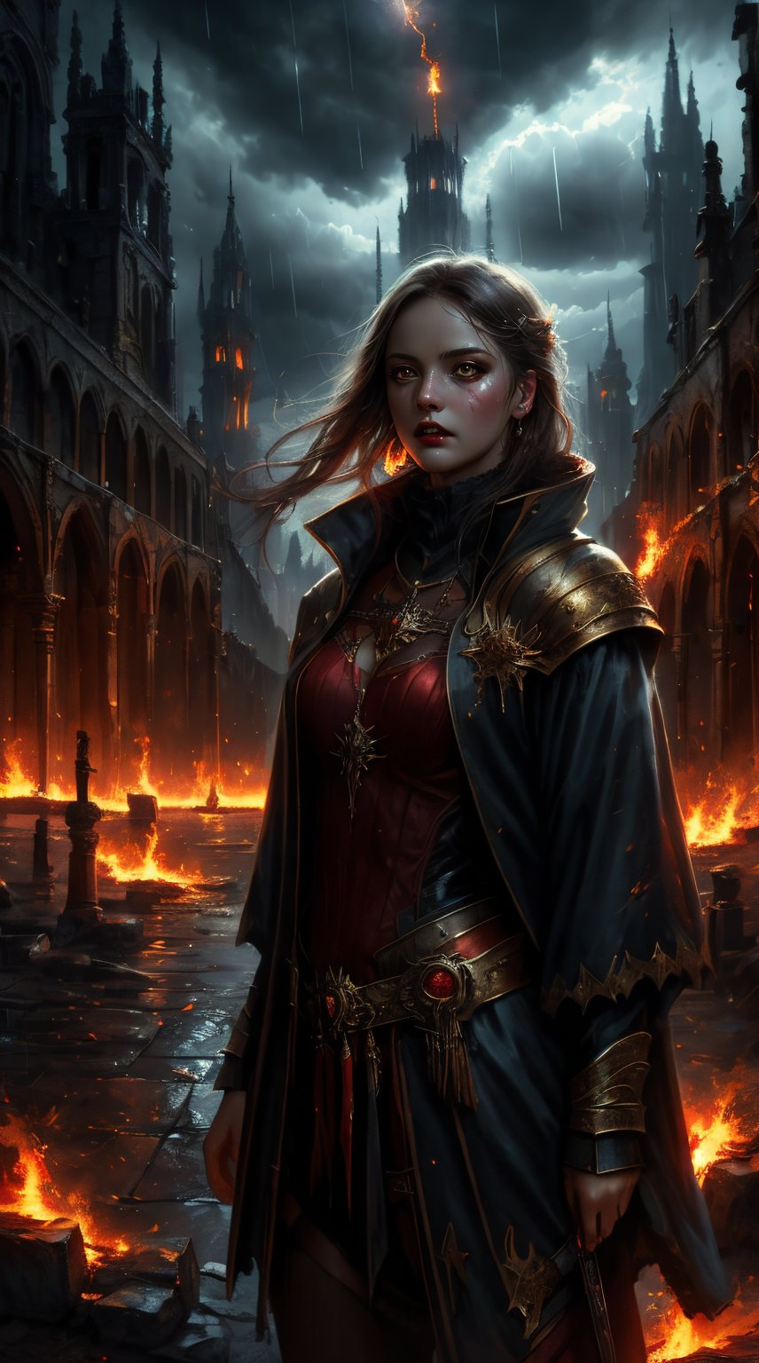 lordand amor ,fantasy, WLOP, sharpness,vampire,fire thunder lights, rainy sky,  Ruined ancient city background, 8k post production, ,Masterpiece