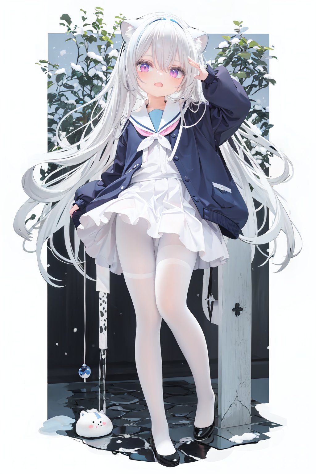  cute,Infant,solo blue shirt,blue sailor coat,loli,full body,white hair,snow leopard ear,white background,pink eyes,laugh,happy,white pantihose,white pantyhose,red armband,