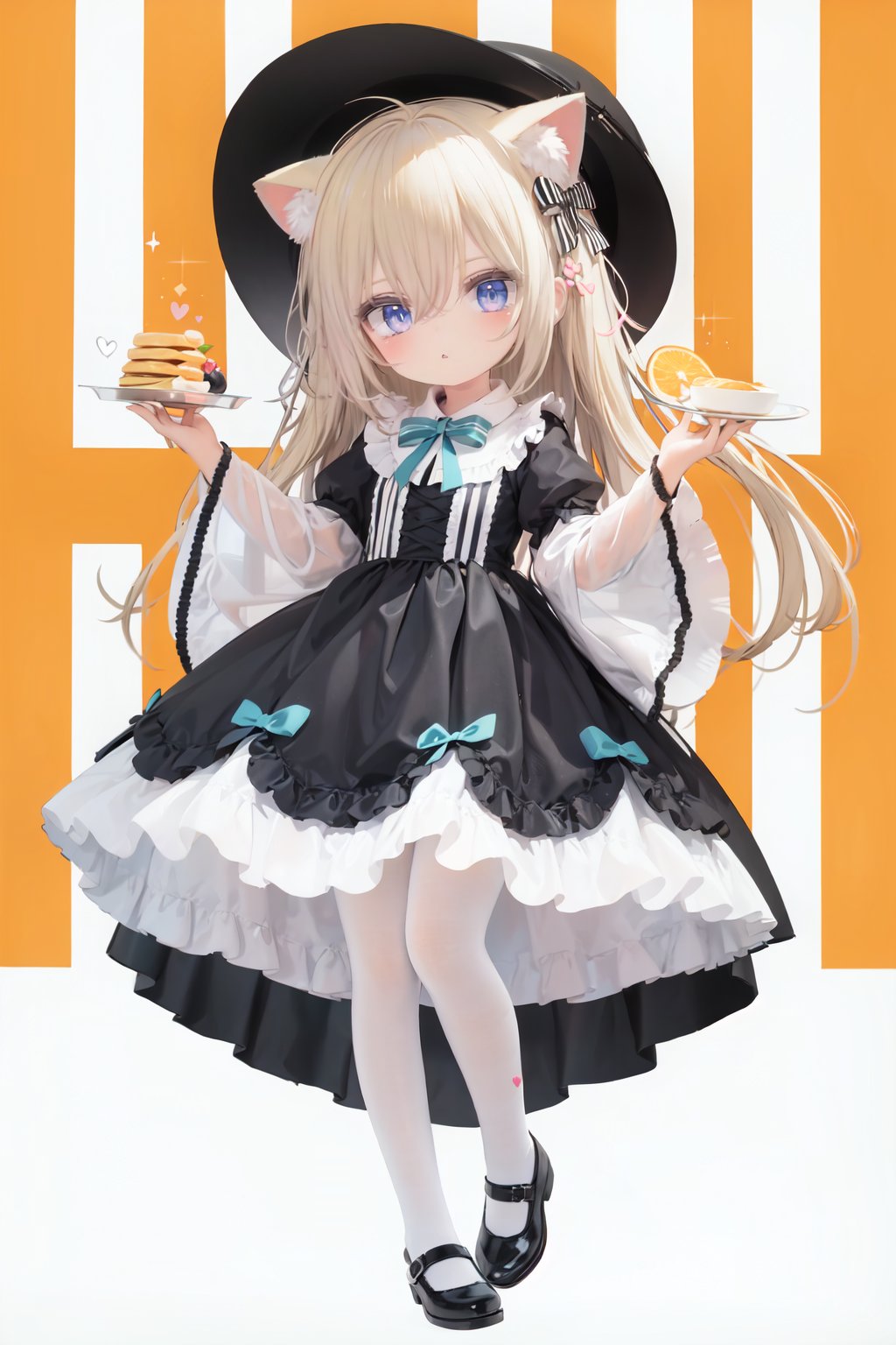  (cinematic lighting), dreamy atmosphere, Ray tracing, (((solo))), (loli:1.5), (child:1.5), (petite:1.5), green eyes, (animal ears), dress, solo, food, blonde hair, open mouth, long hair, pancake, flower, holding, bow, smile, fork, bird, socks, looking at viewer, shoes, striped background, holding fork, bonnet, striped, frills, long sleeves, :d, yellow dress, bangs, eyebrows visible through hair, blush, green nails, hair bow, nail polish, diagonal stripes, chick, sparkle, frilled dress, orange bow, fruit, full body, :3, hair between eyes, green bow, puffy sleeves, heart, lemon, orange footwear, animal ear fluff, white bow, cat ears, bobby socks, orange headwear, see-through sleeves, blue background, striped bow, hair ornament, white legwear, mary janes