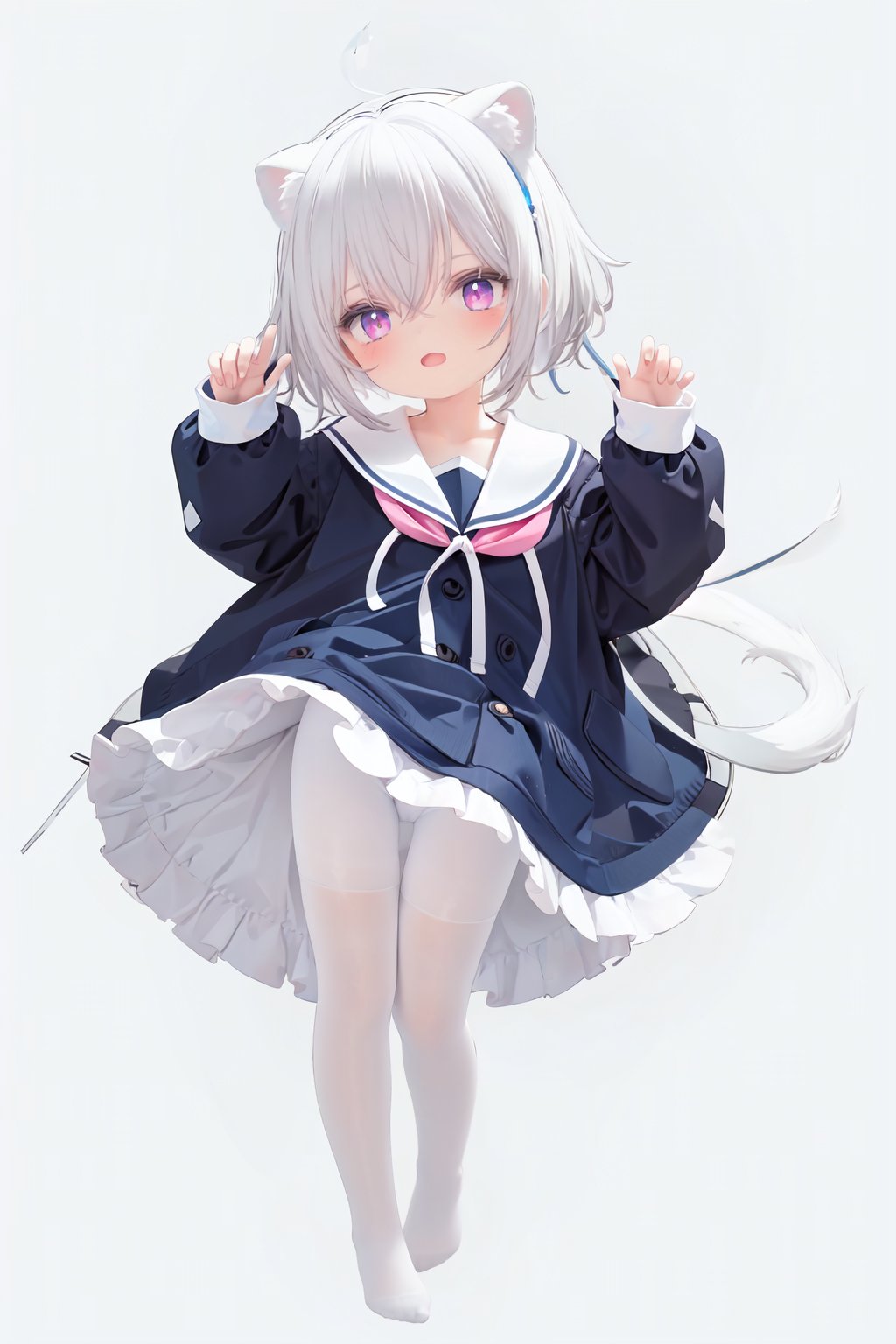  cute,Infant,solo blue shirt,blue sailor coat,loli,full body,white hair,snow leopard ear,white background,pink eyes,laugh,happy,white pantihose,white pantyhose,red armband,