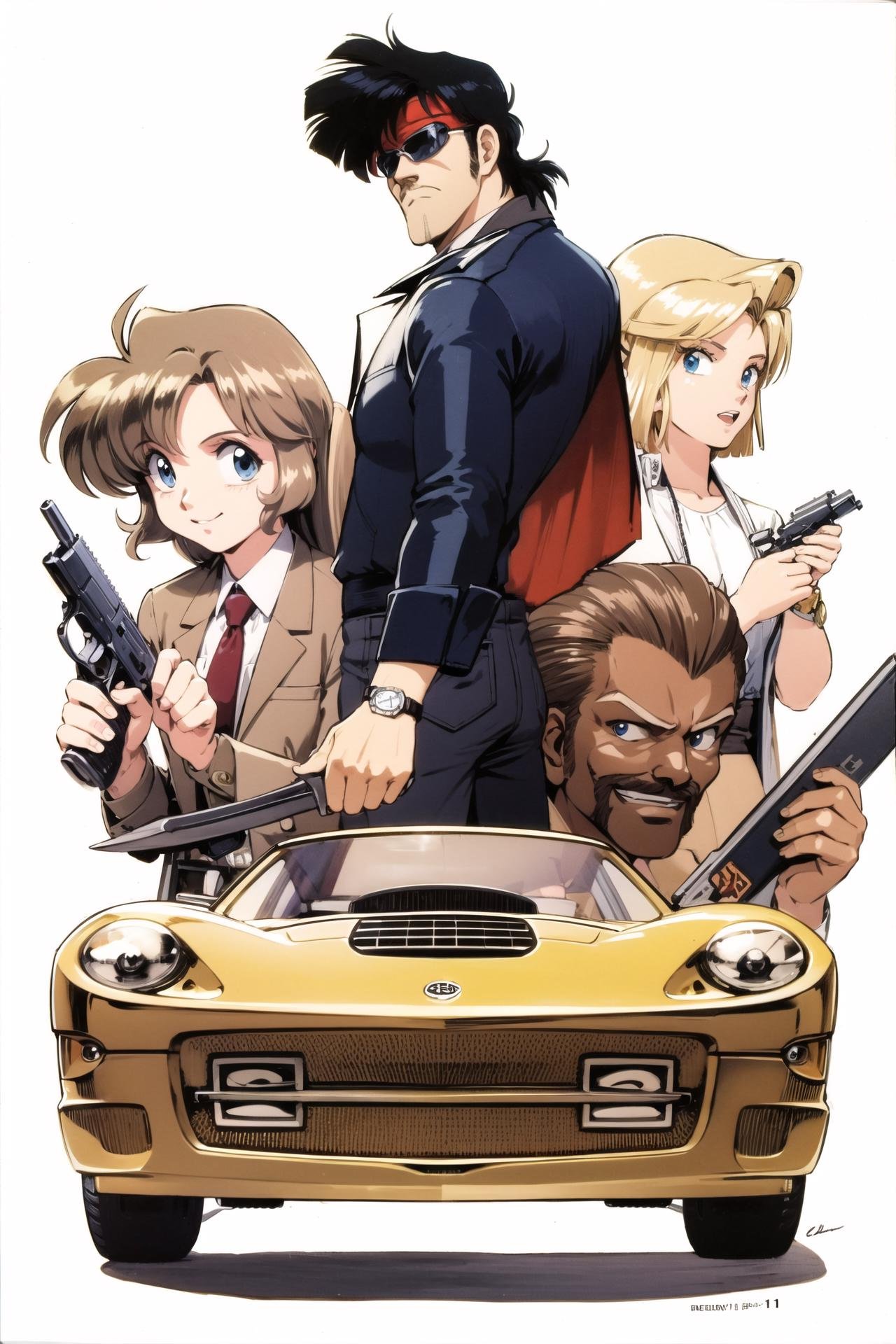 gun, handgun, weapon, watch, car, multiple boys, motor vehicle, ground vehicle, wristwatch, holding gun, holding weapon, black hair, blue eyes, holding, brown hair, sunglasses, multiple girls, necktie, blonde hair, 2boys, facial hair, knife, retro artstyle, white background, jacket, 2girls, smile, revolver, beretta 92, white hair, simple background, trigger discipline, short hair, looking at viewer, m1911, long hair, pants, shirt, brown eyes, denim, 1990s (style), mustache, long sleeves, sports car, headband, 3boys,<lora:Kenichi Sonoda:0.8>