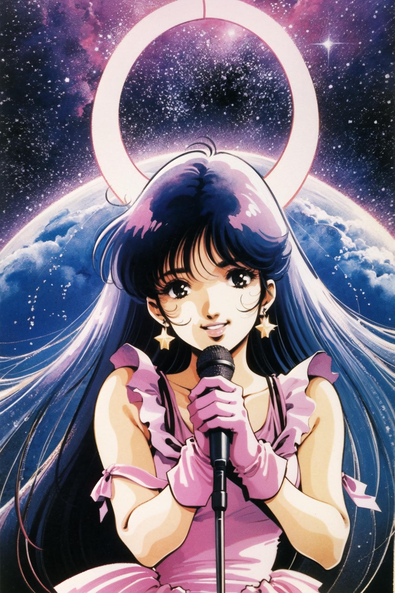 1girl, solo, long hair, black hair, microphone, gloves, jewelry, earrings, retro artstyle, 1980s (style), holding, space, black eyes, looking at viewer, holding microphone, smile,  upper body, star (symbol), pink gloves, star (sky), very long hair, watercolor \(medium\),  <lora:美树本晴彦V3:1>