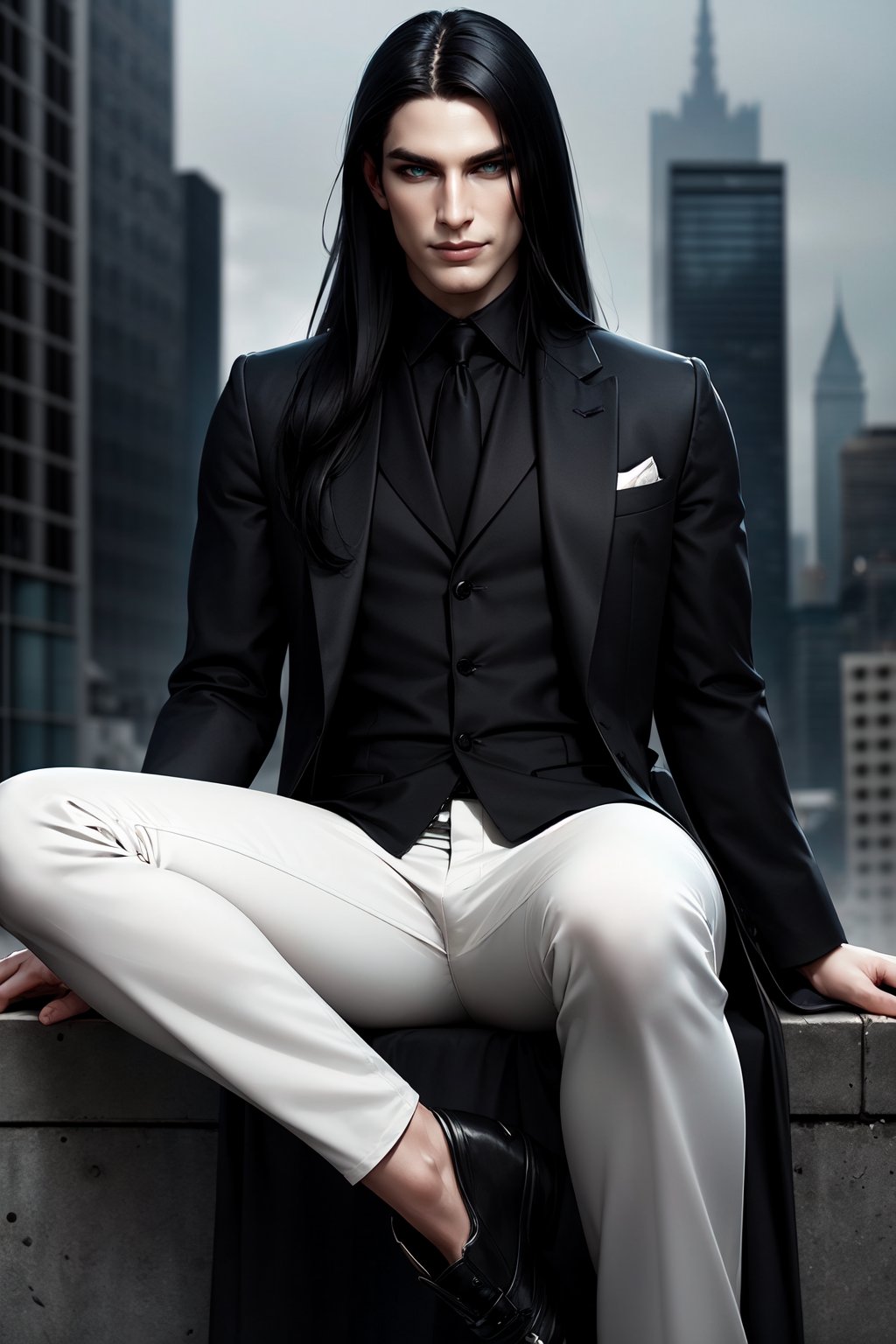 (masterpiece, best quality:1.3), 1male, black hair, very long hair, green grey eyes, pale skin, realistic,  clothes in black cloack, sitting, smirk, crow, grey city background  <lora:Hunger:0.34>