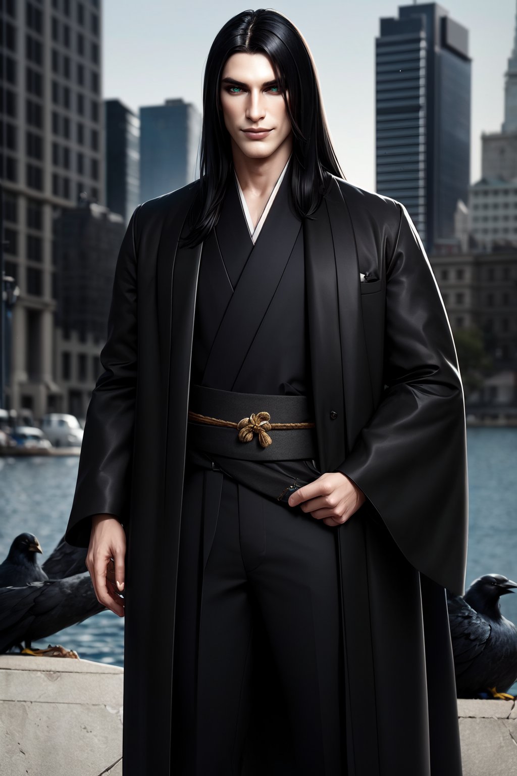 (masterpiece, best quality:1.3), 1male, black hair, green grey eyes, pale skin, realistic,  clothes in black male kimono, full body, smirk, crow, grey city background  <lora:Hunger:0.52>